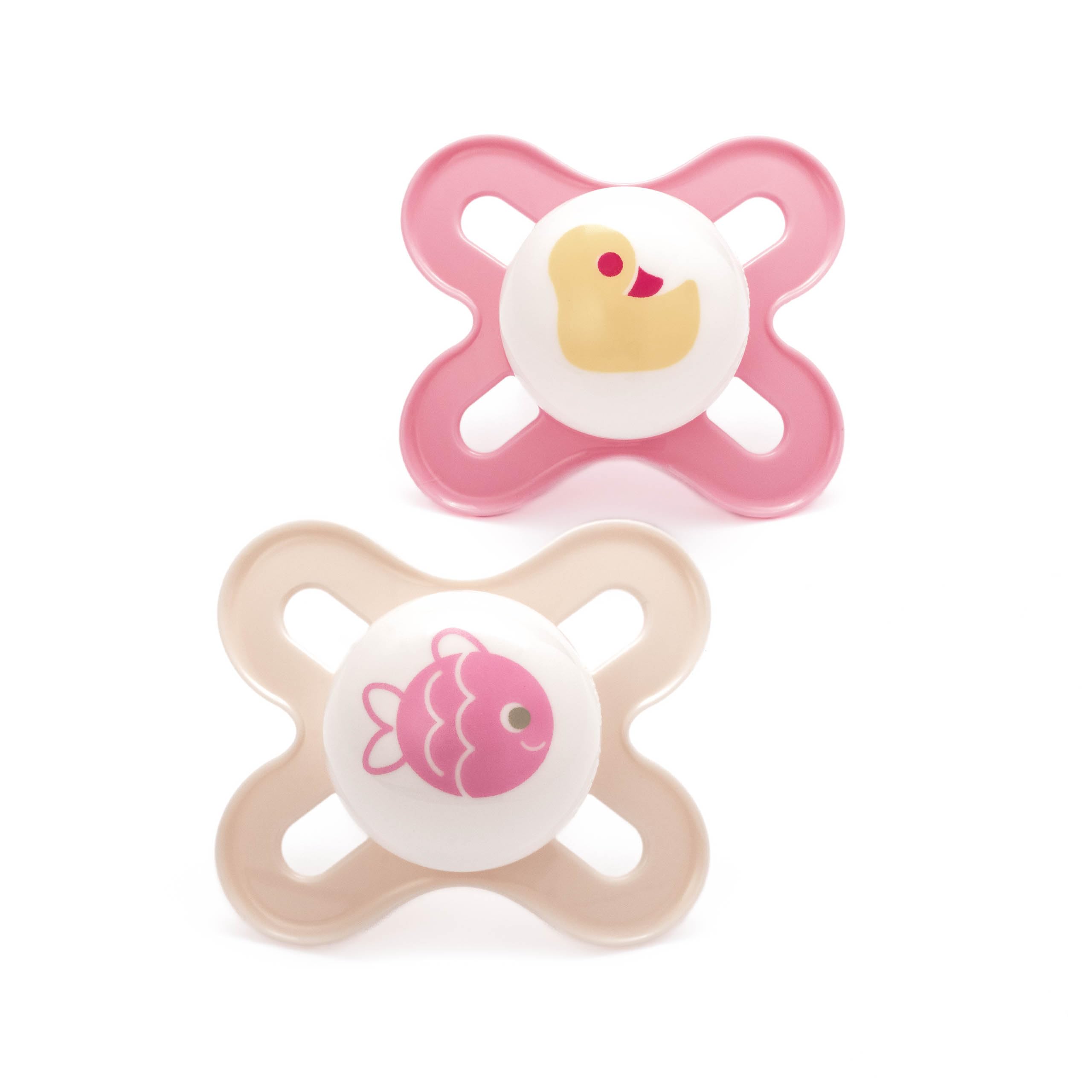 MAM Original Start Soothers 0-2 Months | 2 Pack | Newborn Dummies | Comes in Dummy Steriliser Box | Sustainable Materials | Baby Accessories | Pink (Various Designs)