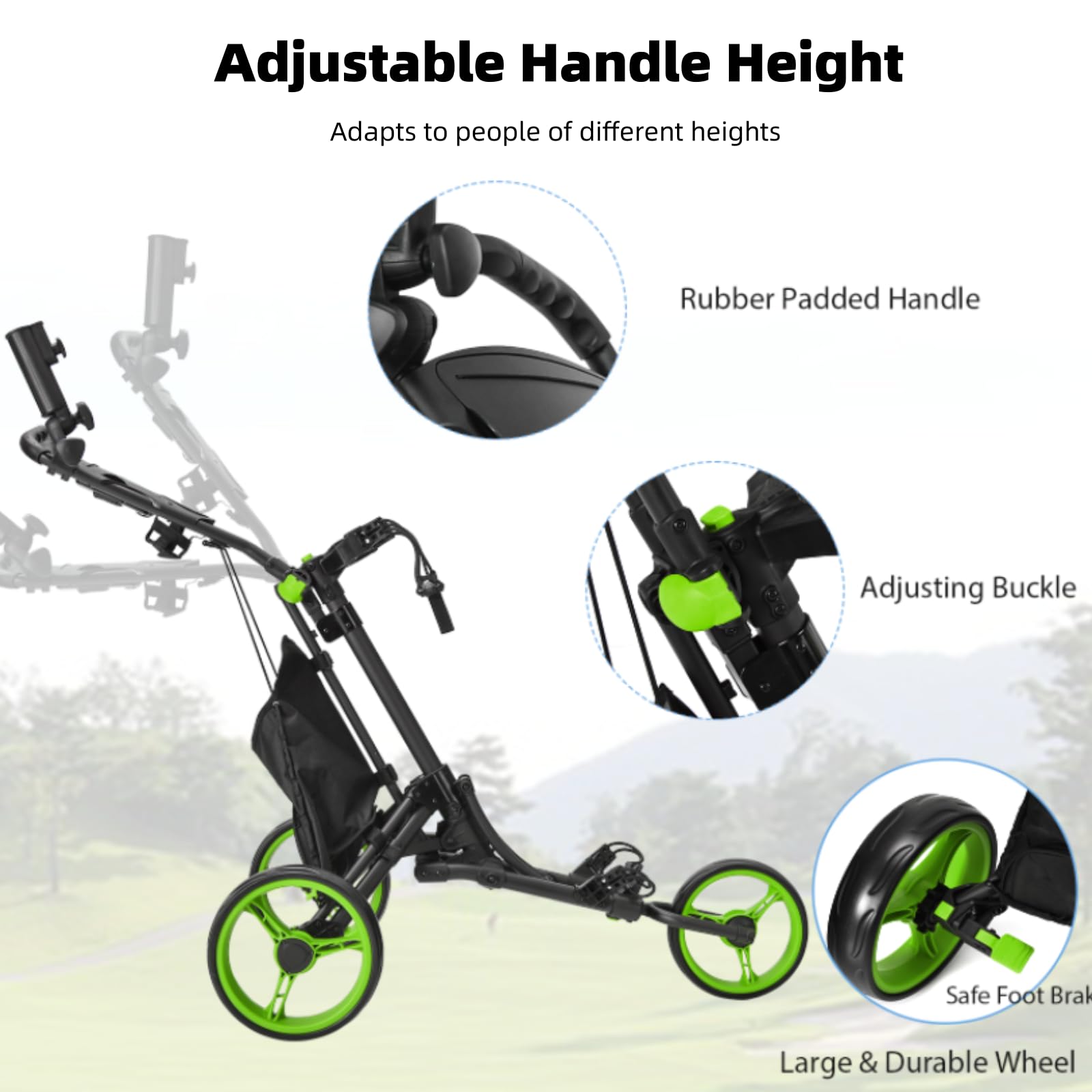 LIFEZEAL Carrello da golf pieghevole, 3 ruote Golf Push Cart con freno a pedale, carrello da golf con 3 posizioni regolabili in altezza, pieghevole con portaombrelli e portabottiglie e borsa