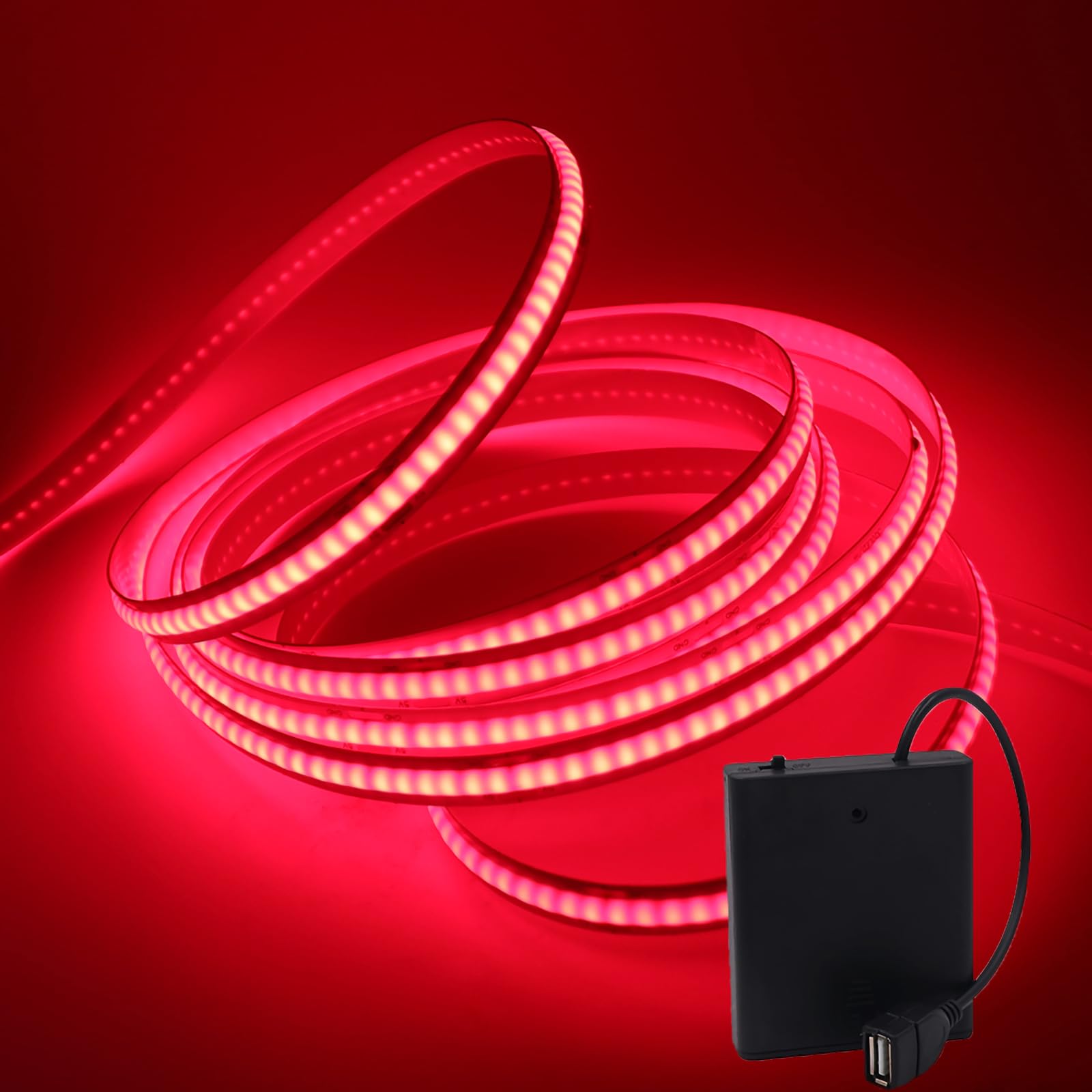 MIGUDA COB LED Strip Light, Ultra-Bright Self-Adhesive Tape, 320 LEDs/m Flexible LED Band with USB 4AA Battery Box for Christmas Decor (Batteries not Included) (5M, Red)