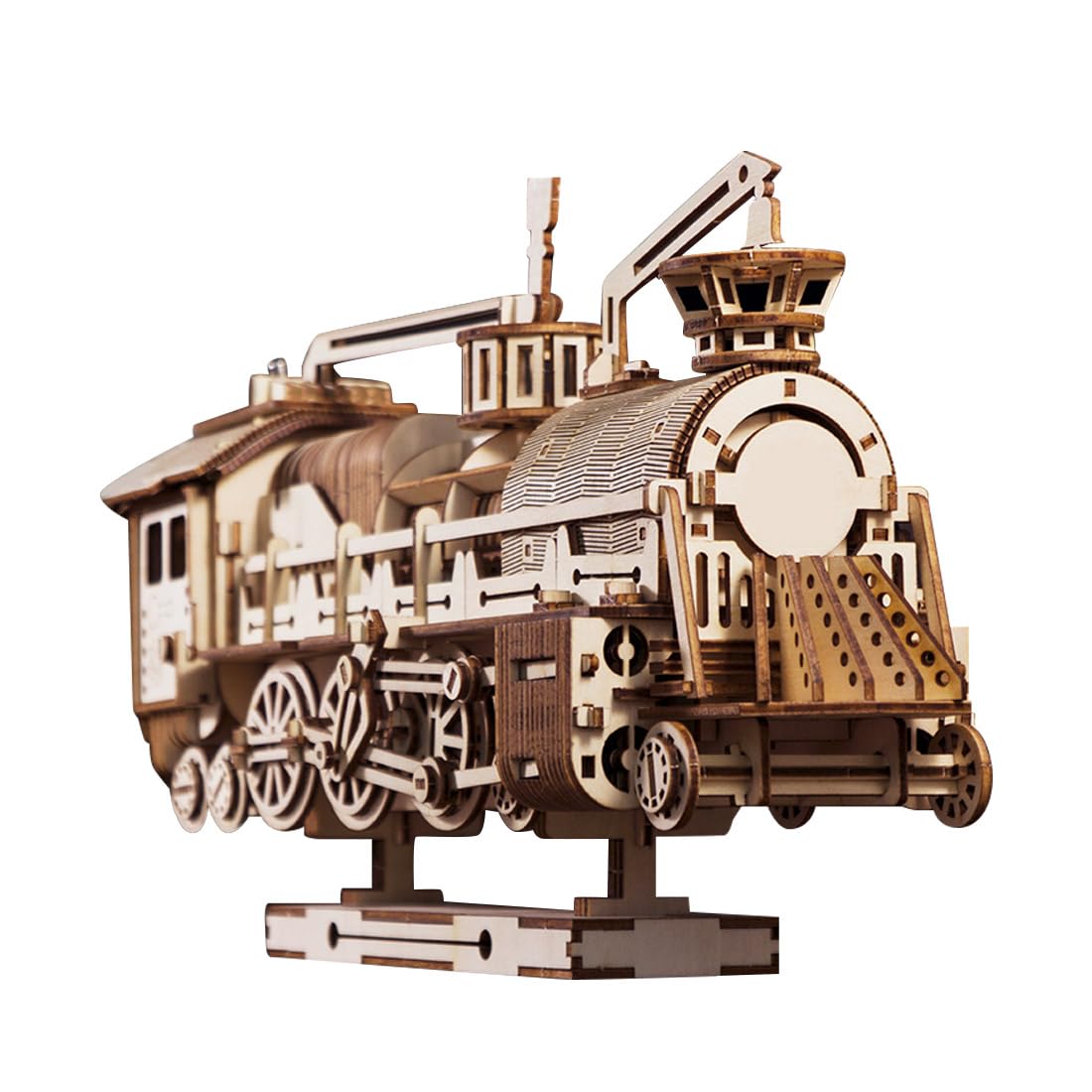 3D Puzzle Holz Dampflokomotive Mechanik Getriebe Bausatz, DIY Montage 3D Holzpuzzle Zug Bastelset Weihnachten 2025 Dekoration Geschenk Modell, Dampflokomotive + Ständer (524 Teile)