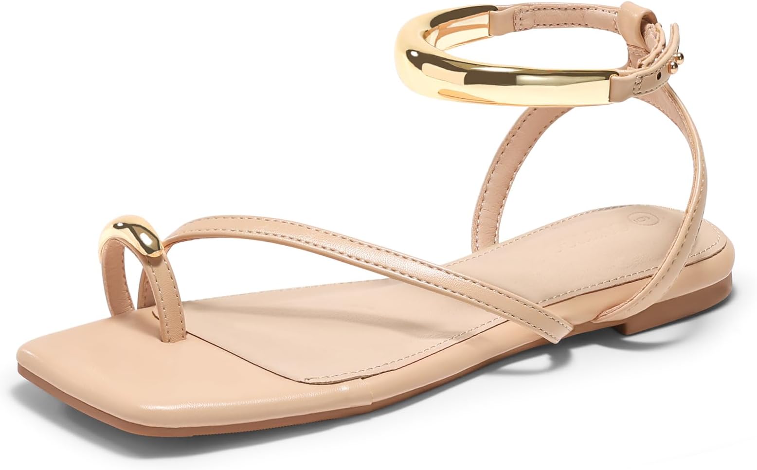 Womens Strappy Flat Sandals Flip Flops Open Toe Ring Sandals Metal Ankle Strap Summer Beach Shoes