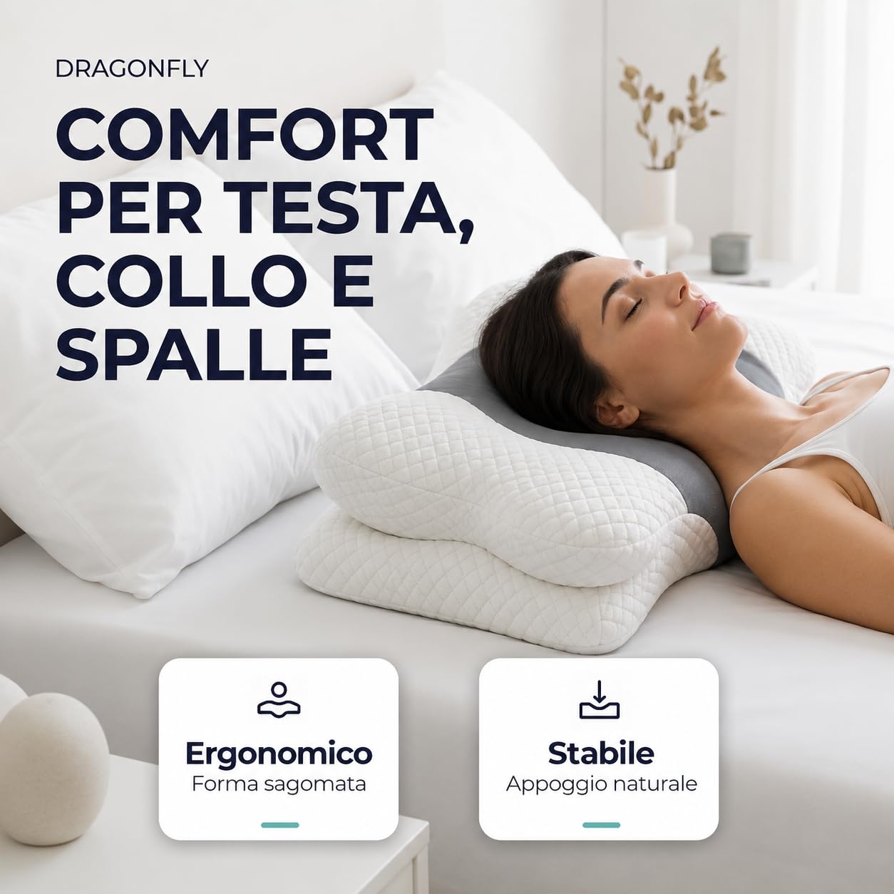 Guanciale Cervicale Memory Foam Dragonfly 40x60 H13, Cuscino Ergonomico Sagomato per Collo e Spalle, Federa Jacquard Sfoderabile e Lavabile, Supporto Braccia e Testa, Made in Italy