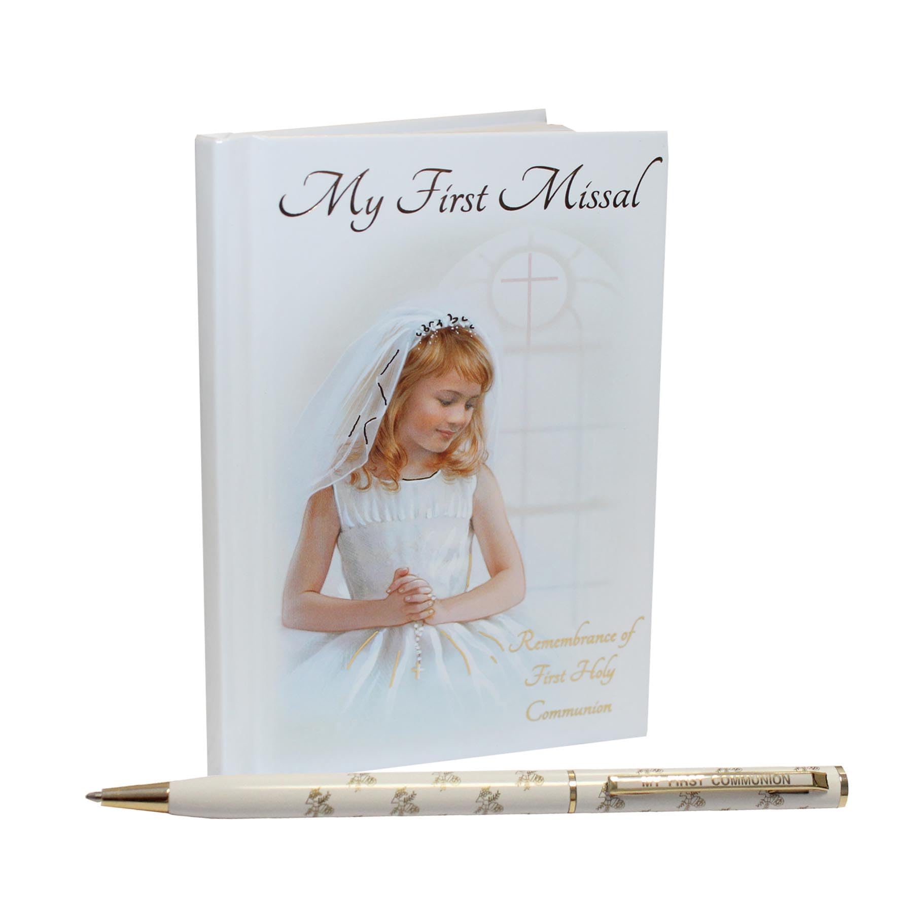 FHC First Holy Communion Hardback Missal Book and Pen Gift Set (Girl Set with White Pen 7214)
