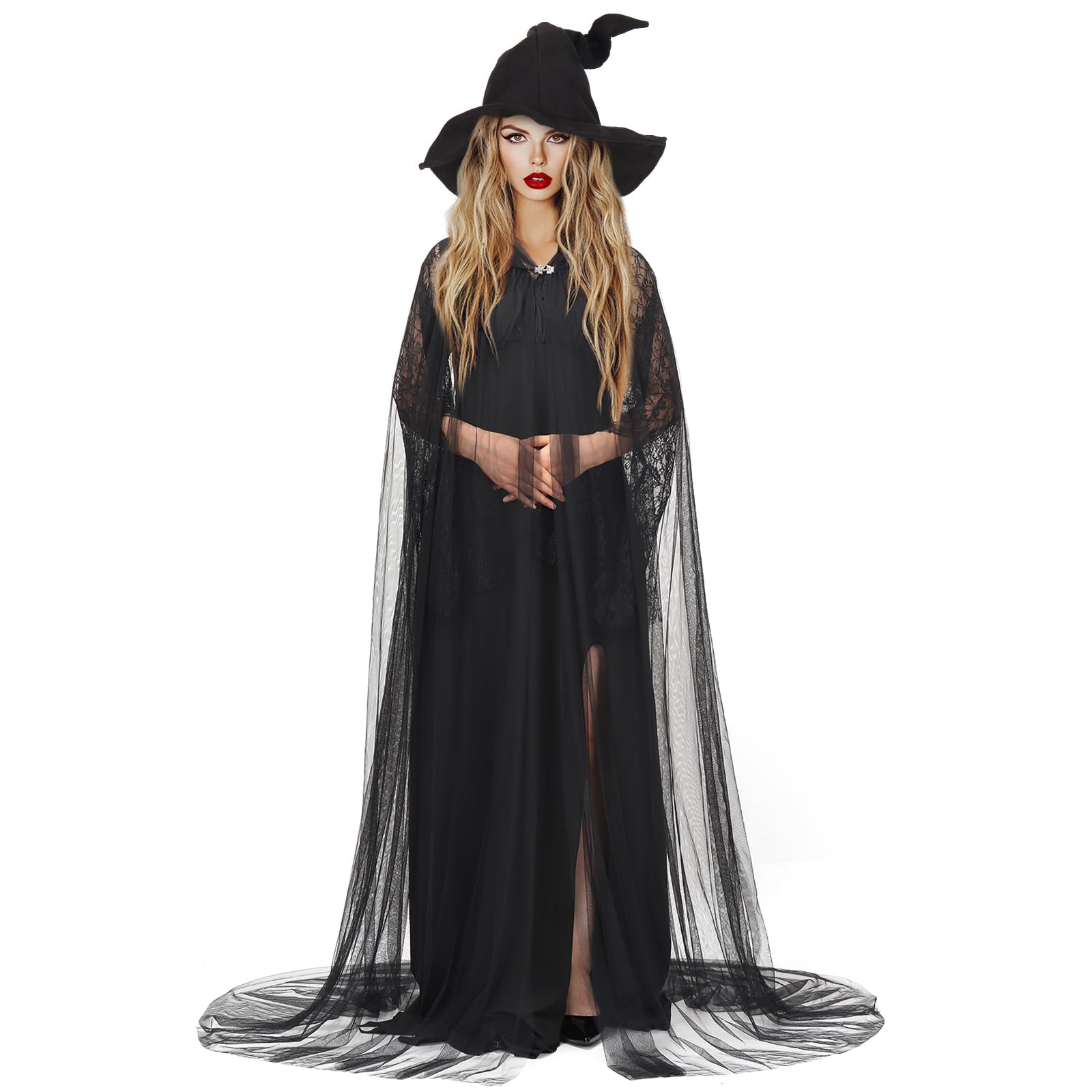 Erogeen Halloween Witch Costume for Women Witch Hat Full Length Sheer Witch Cloak with Hood for Cosplay Costume (Black)