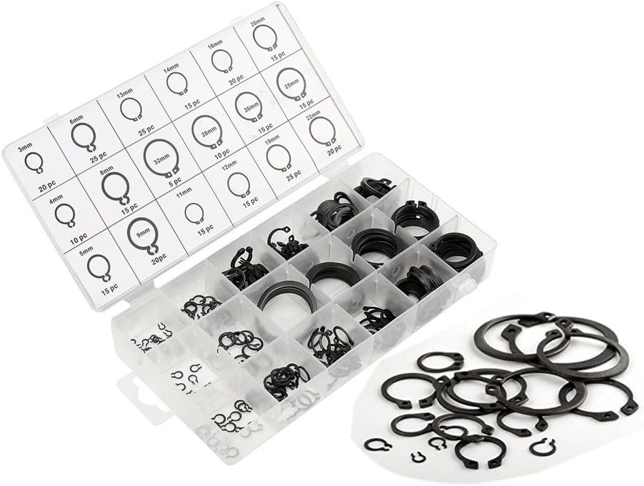 300 Piece C-Clips External Snap Ring Black Washer Hardware Cir Clip Retaining Ring Set for Industrial Fasteners 18 Sizes