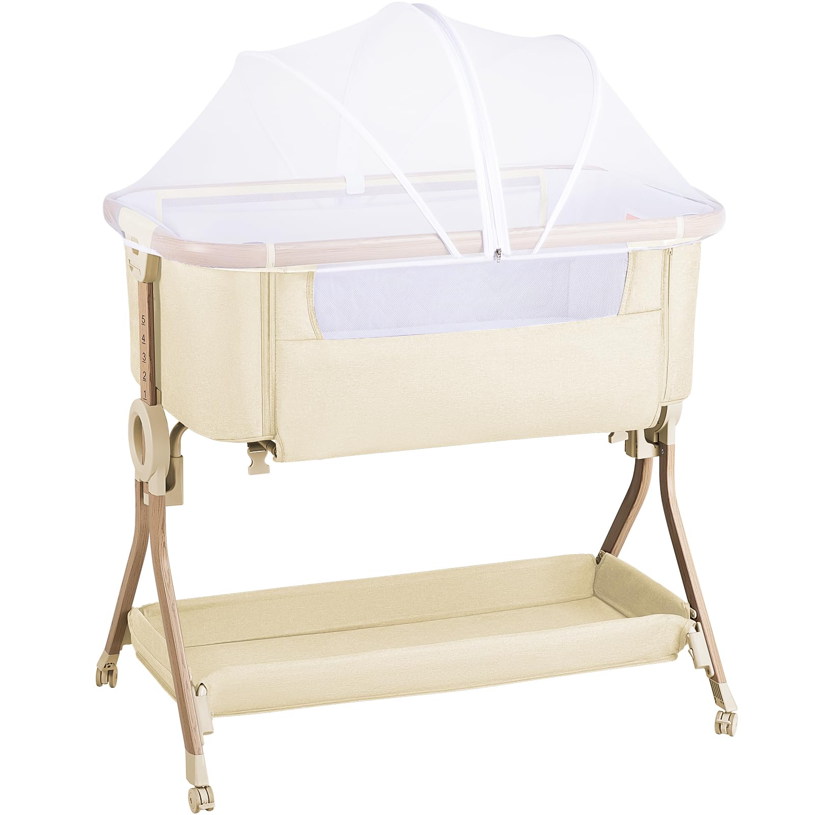 Larex Beistellbett Baby,3 in 1 Babybett mit Moskitonetz,Aufbewahrungstasche & Korb,5-stufig Höhenverstellbares Babybett,4 Räder mit Bremse,atmungsfreundliche Matratze & Mesh (Khaki)