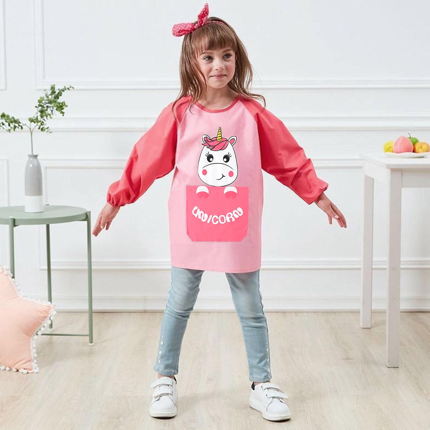 HIQUACC Kids Waterproof Art Smock with Long Sleeves - Graffiti Painting Crafting Apron for Toddlers Children (Pink-L) - Image 2