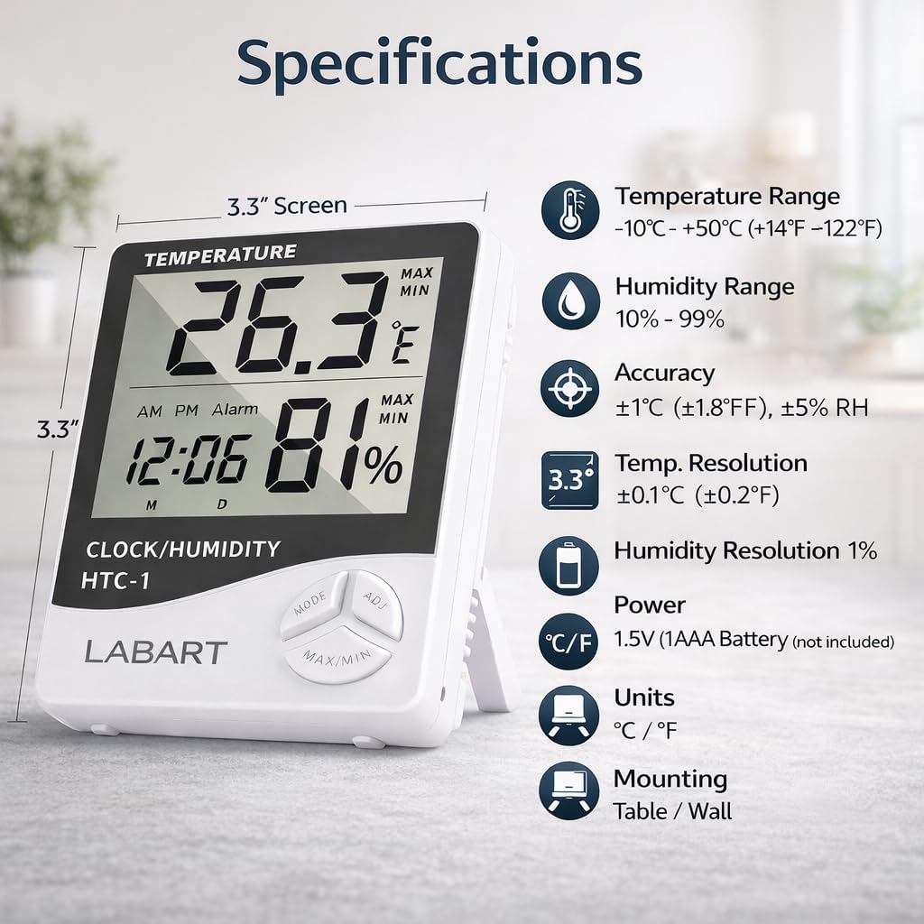 HTC-1 Digital Hygrometer Thermometer with LCD Display, Humidity and Temperature Meter with Clock and Calibration Certificate 1
