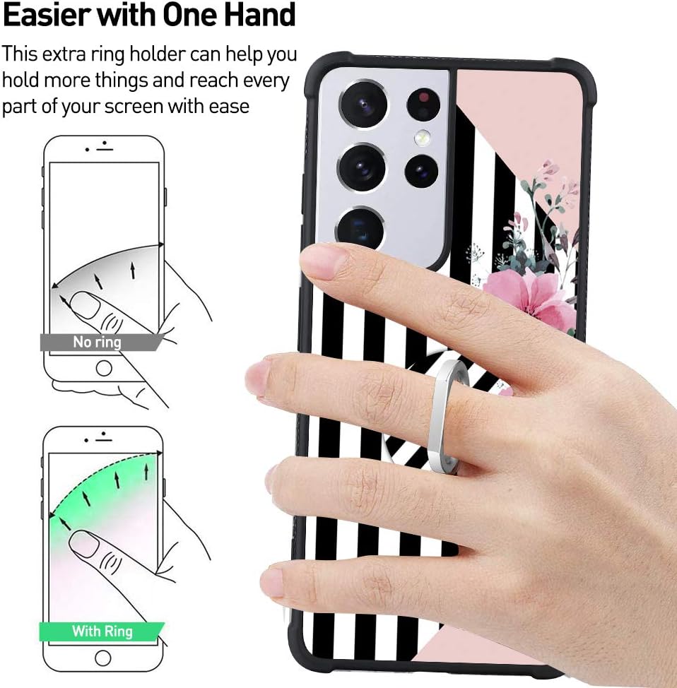 OOK Designed for Samsung Galaxy S21 Ultra 5G Case Pink Flower Floral Stripes Design with Ring Holder Kickstand Protective Shockproof Phone Bumper Stand for Women Girls for S21 Ultra 5G 6.8 Inch