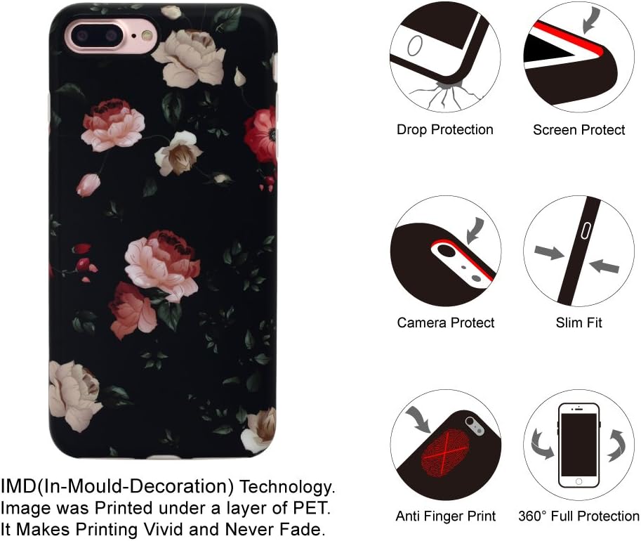 NASOUSA iPhone 7 Plus for Girls,Floral case,IMD Printing Slim-Fit Ultra-Thin Anti-Scratch Shock Proof Dust Proof Anti-Finger Print TPU Case for iPhone 8 Plus(5.5 inch)(Black Rose)