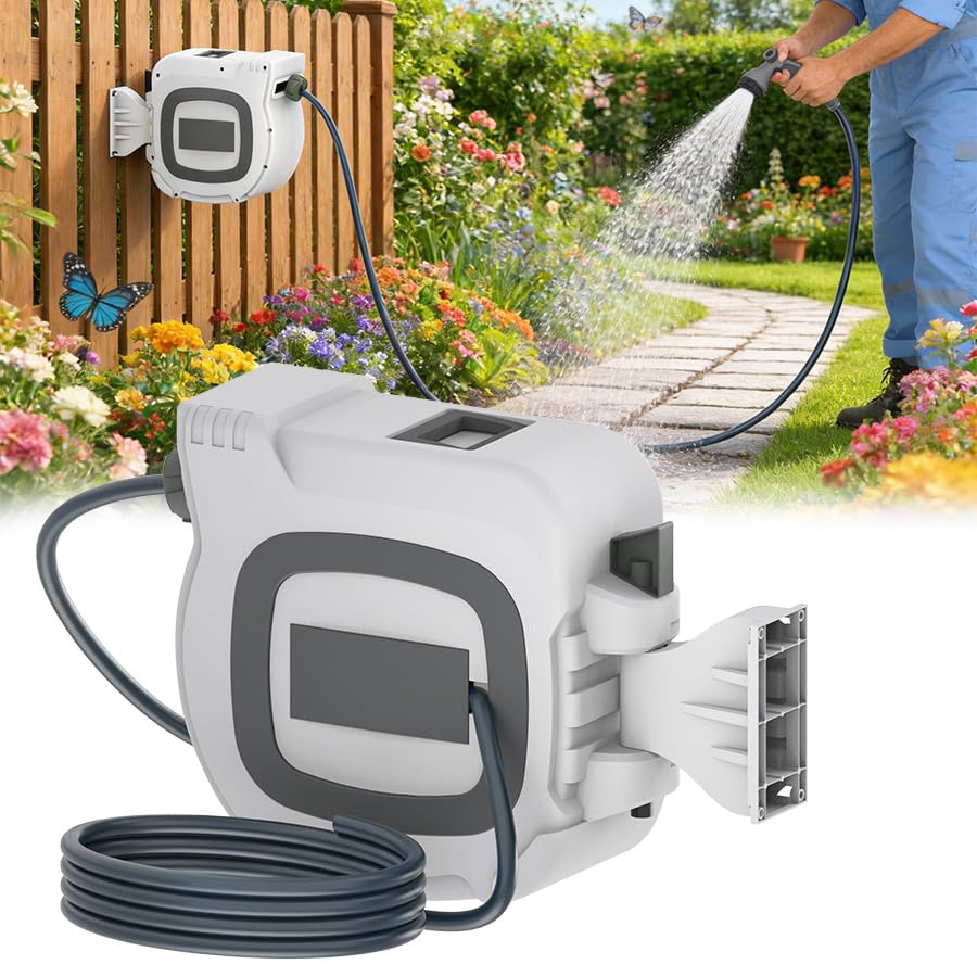 Aufun Retractable Garden Hose Reel 30m Automatic – Wall Mounted Hose Pipe Reel, No-Kink Smooth Rewind System with 180° Swivel Bracket & Multi Spray Nozzle for Easy Garden Watering White Gray