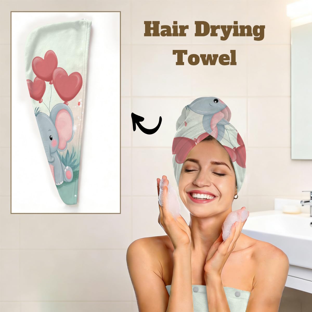 Mikrofaser-Duschtuch für Damen, mit Haarhandtuch, Cartoon-Baby, Elefant, Herz, weiche Körperwickel, Kleid mit Haartrocknungskappe für Strand, Pool, Spa, 2 Sets