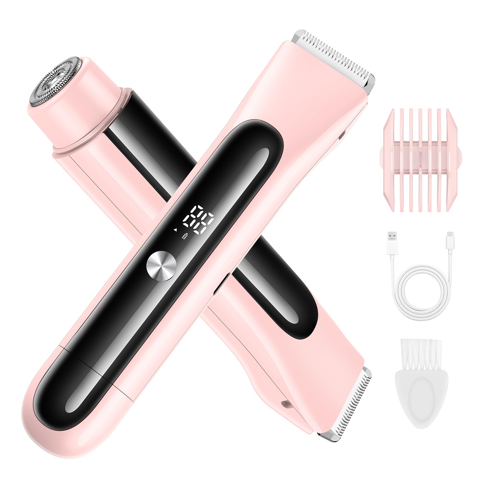 Bikini Trimmer Women, 2 in 1 Electric Razor Facial Hair for Women, IPX7 Waterproof Shavers with Wet/Dry, USB-C Recharge with Snap-in Ceramic Blades For Face Body Leg Bikini Underarm Arm