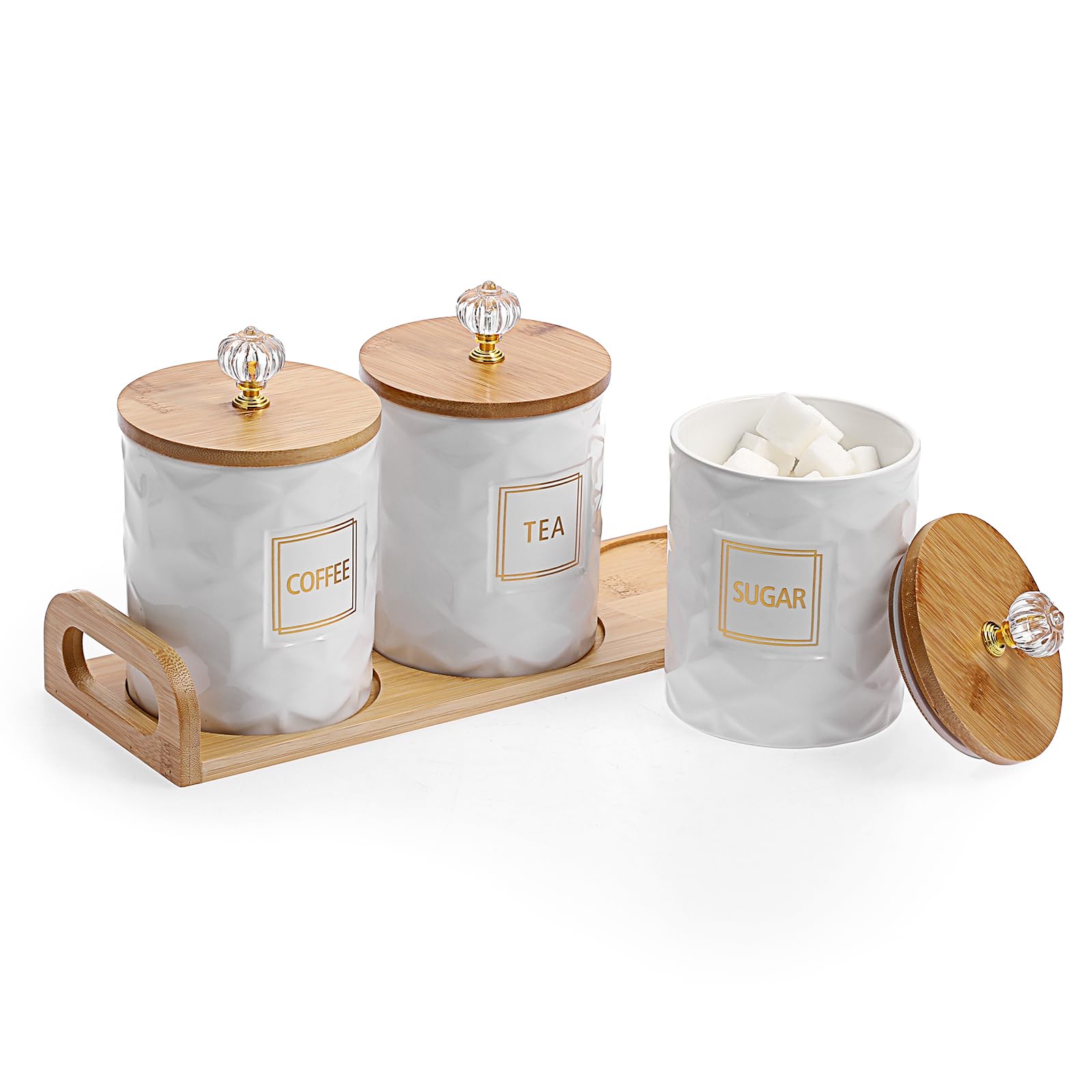 JuxYes 3 Pack Ceramic Canister Jars Set with Bamboo Lids and