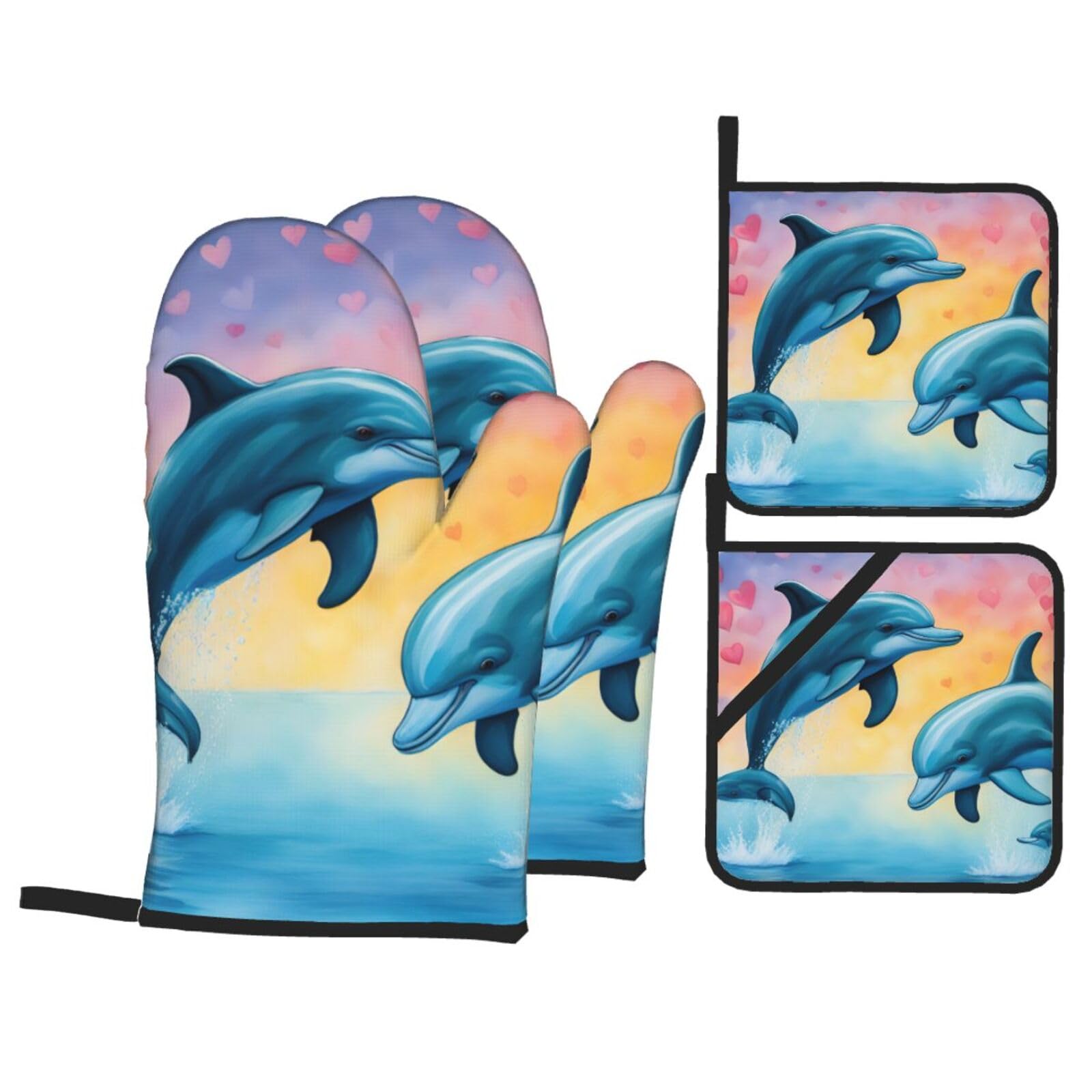 Dolphins in Love Print 4-Piece Oven Microwaving Set Waterproof Kitchen Gloves for Baking Grilling Cooking