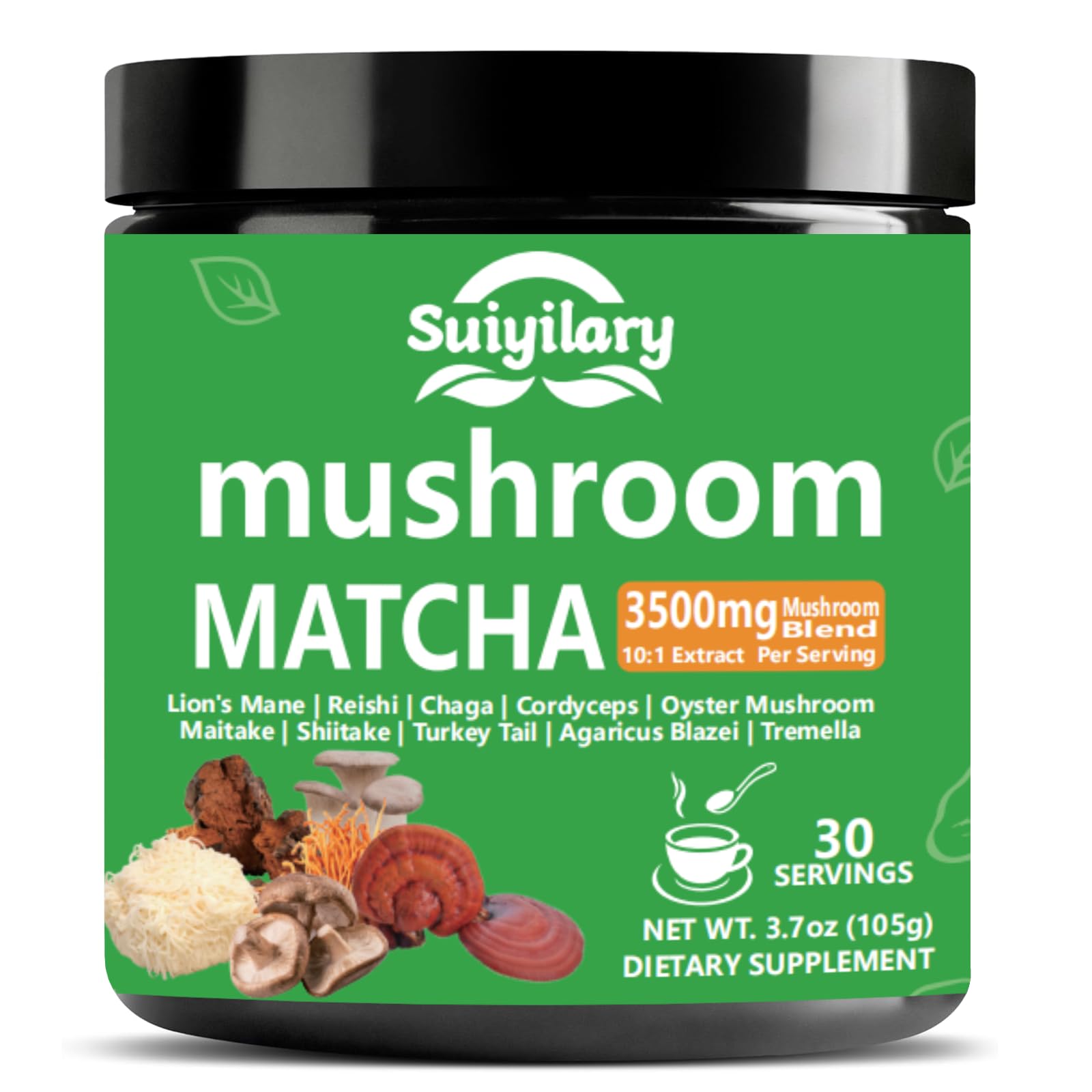 10 Mushroom Matcha Powder with Lion's Mane, Reishi, Mushroom Polysaccharides & More, 3500mg(10:1) Extract, Japanese Ceremonial Matcha for Focus, Energy, Immunity Boost, Memory - 30 Serving