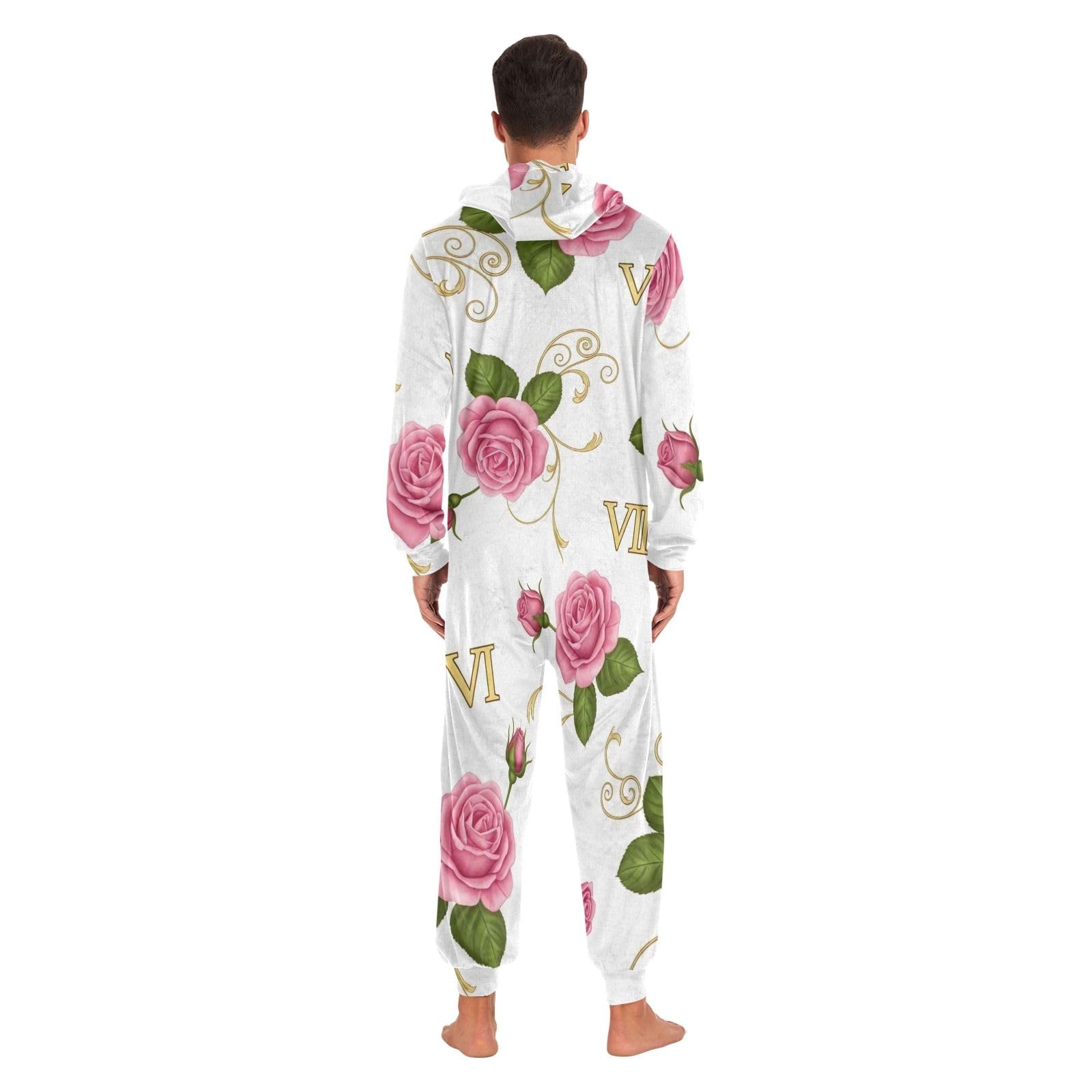 Tuta intera da adulto con rose rosa vintage, tuta intera con cappuccio in pile con cerniera, pigiama super morbido e caldo con tasca
