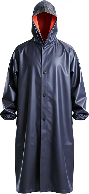 Long PVC Raincoat for Men Women - Waterproof Hooded with Snap Front & Visor, Reusable Lightweight with Carry Pouch
