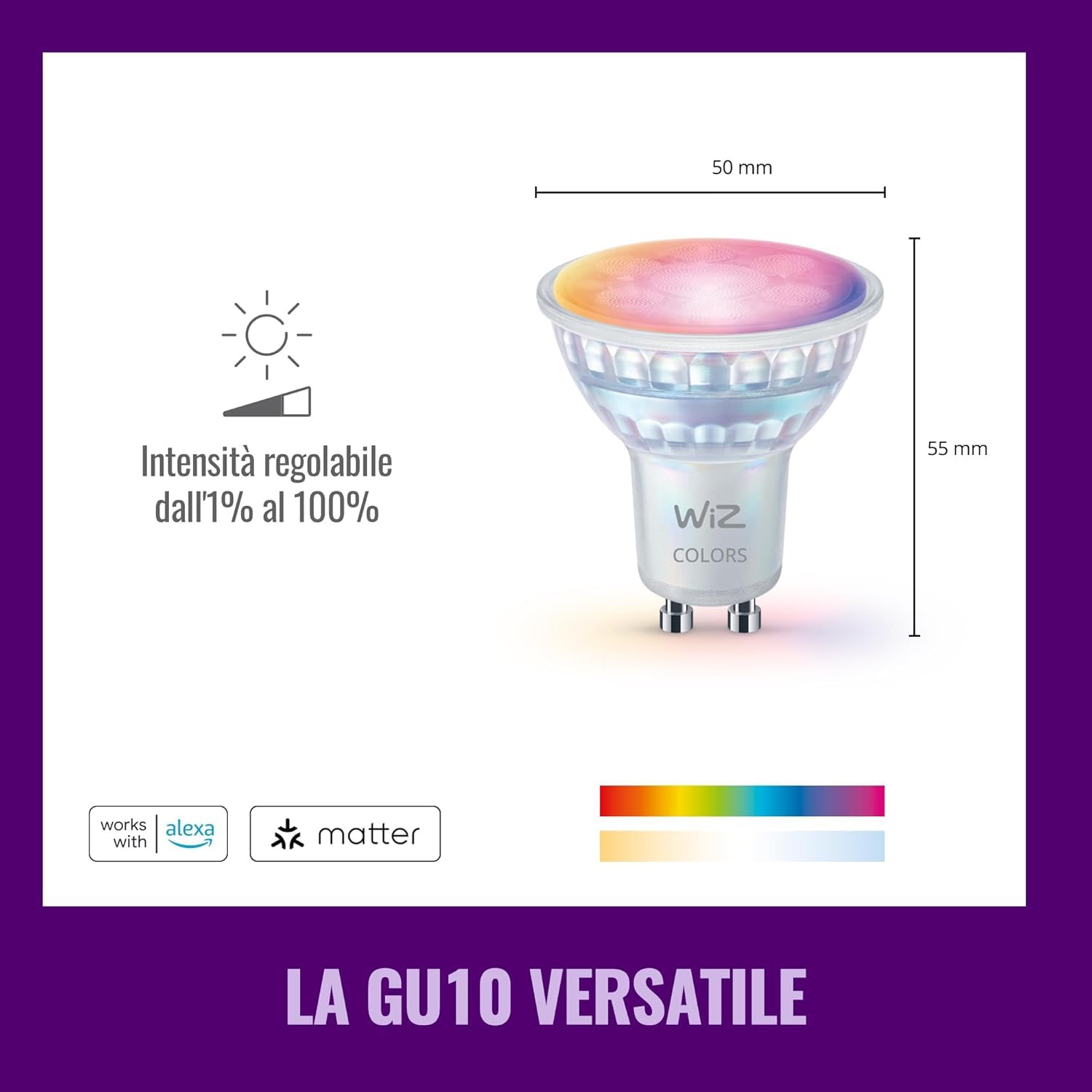 WiZ Faretto smart LED in vetro GU10, Confezione da 4 | Luce bianca e colorata, Equivalente 50 W, 2200-6500 K, 345 lm, Intensità regolabile, Smart Home, Compatibile con Alexa