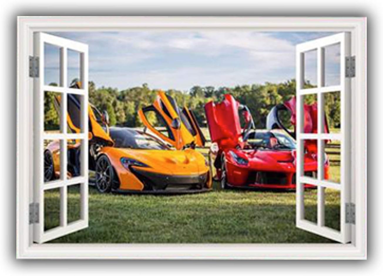 Sport Cars 3D Fake Window Wall Sticker, Removable Vinyl Decal Frame, Peel and Stick, Art Mural for Bedroom, Living Room and Kids Playroom (MYSW38-Medium)