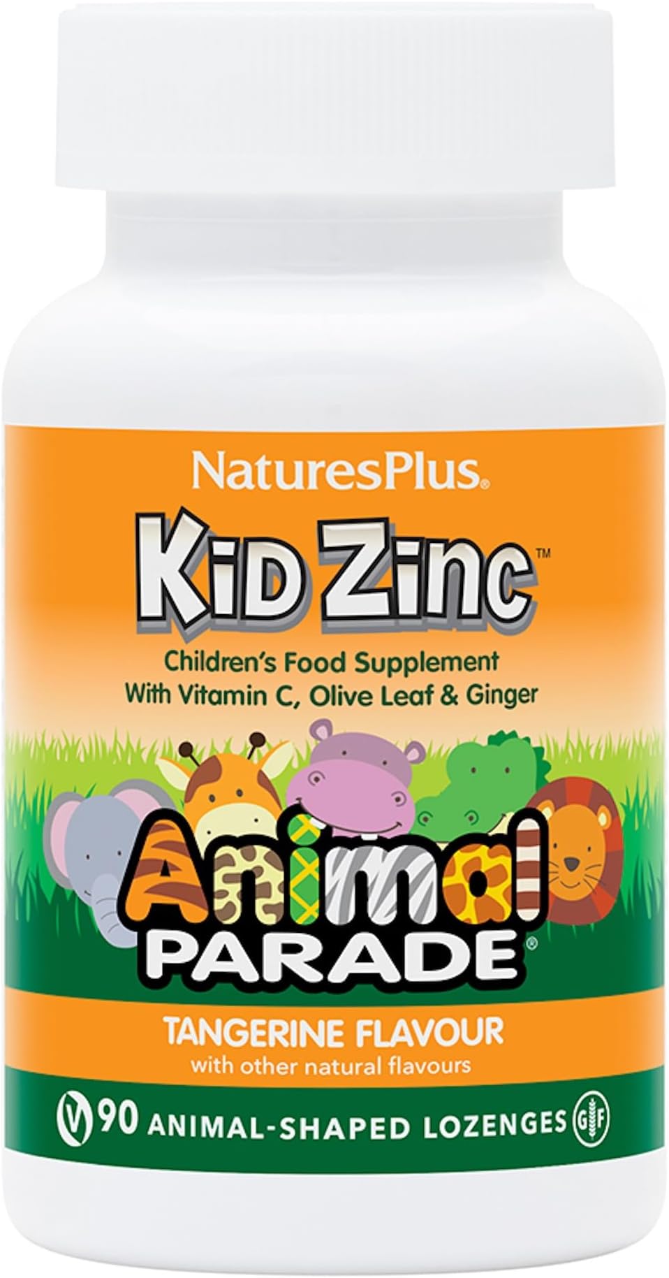 NaturesPlus Animal Parade Kid Zinc Chewables, Tangerine Flavour - Zinc and Vitamin C Supplement with Ginger, Olive Leaf - Immune Support - Vegan, Gluten Free - 90 Animal Shaped Tablets