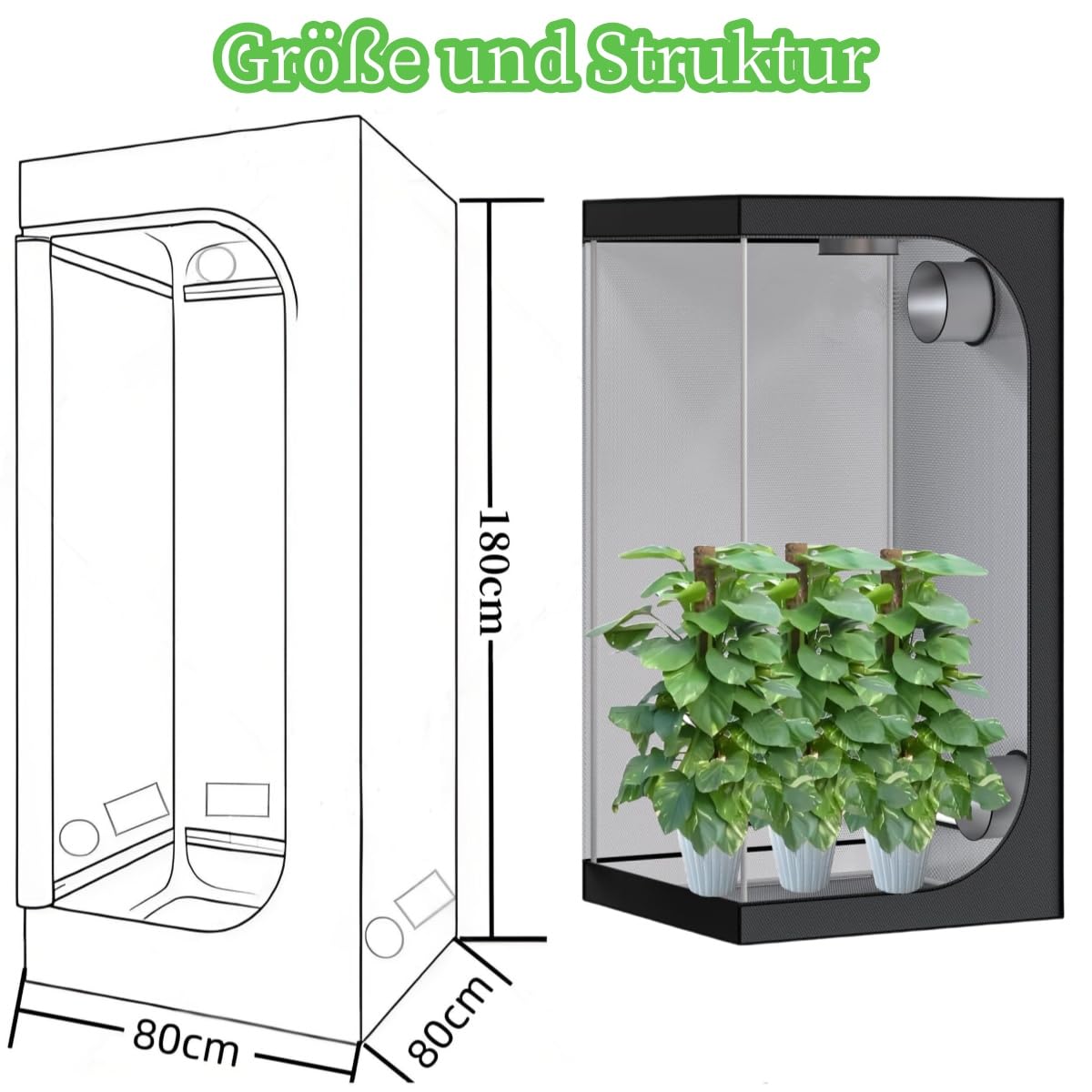 Growzelt 80x80x180 cm mit Wasserdichter Bodenwanne, Hochreflektierendem Mylar, Hydroponic System für 3~6 Pflanzen