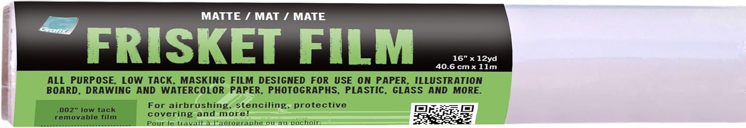 Grafix Frisket Film, Matte 16" x12 yds All Purpose Low Tack Self-Adhering Removeable Adhesive Film, for Airbrushing, Retouching, Stencils, Rubber Stamping, Watercolors, and Masking, Roll