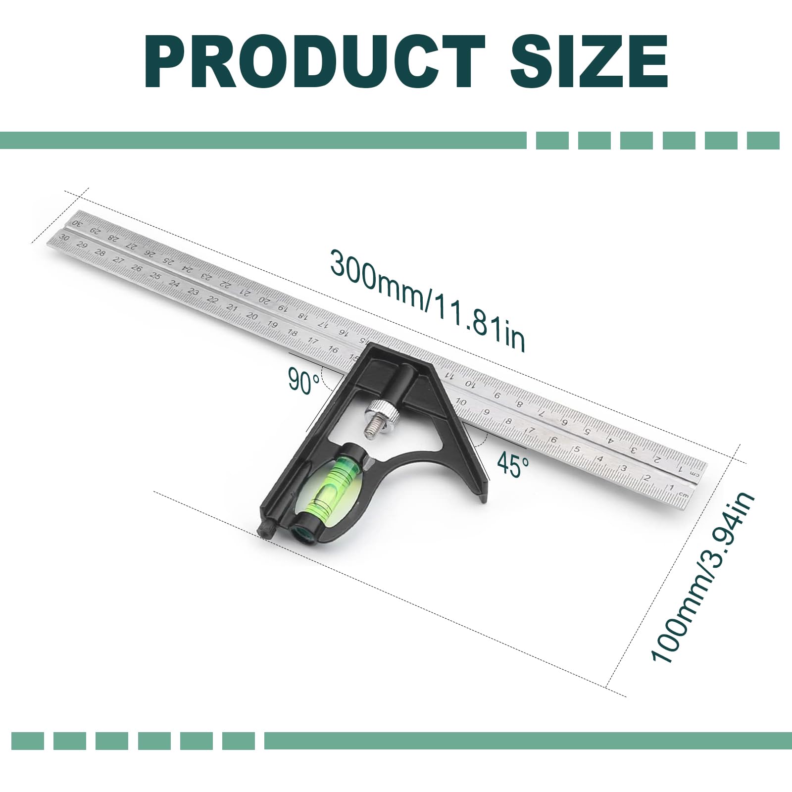 Square Ruler Tool Set, Combination Square Carpentry Tools with 12Inches/300mm Scale, 45/90 Degree Ruler with Bubble Level - Image 2