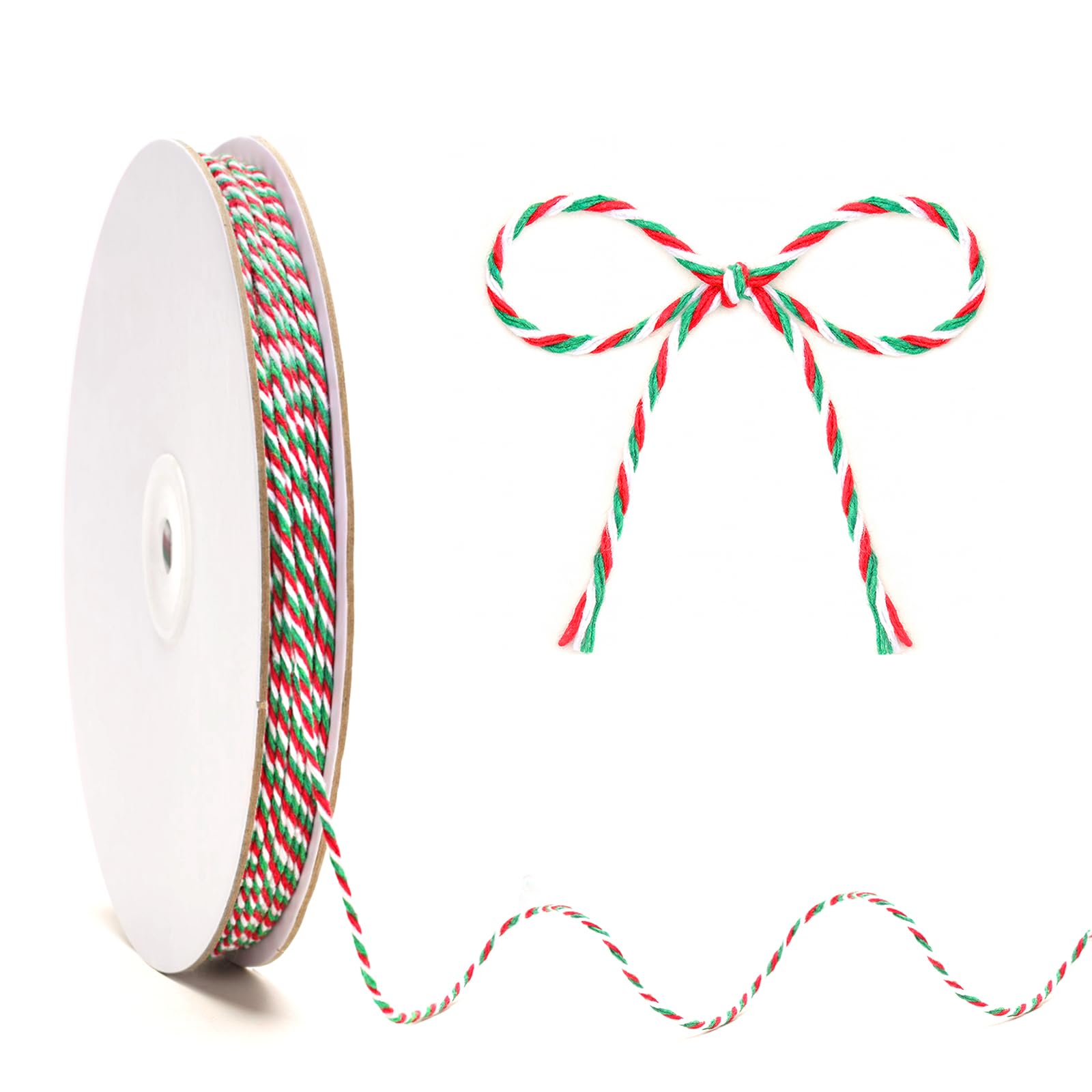 KINGLAKE Green Red and White Cotton String, 2mm 100m Christmas String Bakers Twine for Gift Wrapping, Crafts, Xmas Decorations and Kitchen Cooking