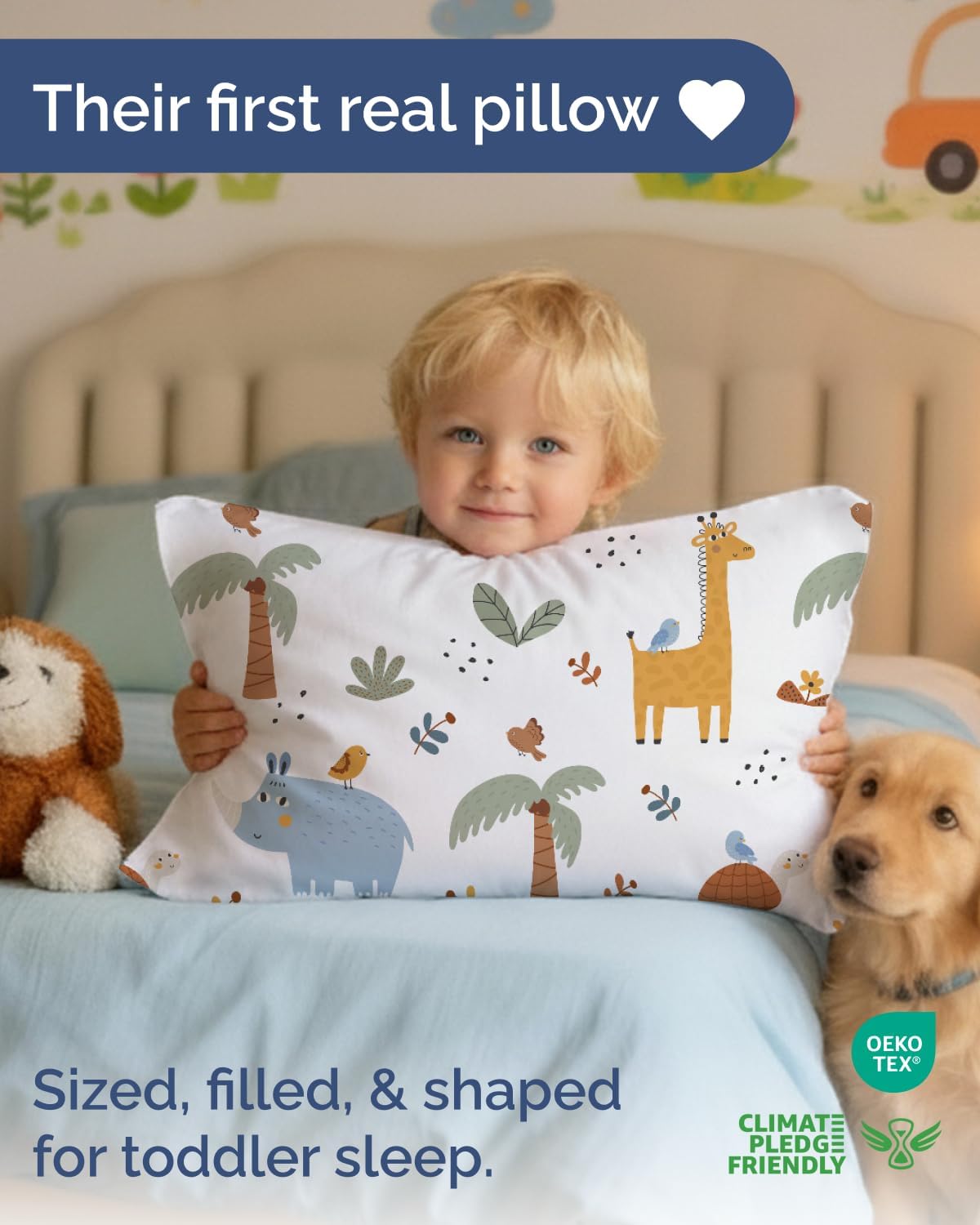 Toddler Pillow with Safari Microfiber Pillowcase - 13x18 Small Kids Pillow for Sleeping, Travel, Car, Nursery & Toddler Bed - Soft & Fluffy - Ideal for Crib & Cot - Machine Washable - Ages 2 and Up