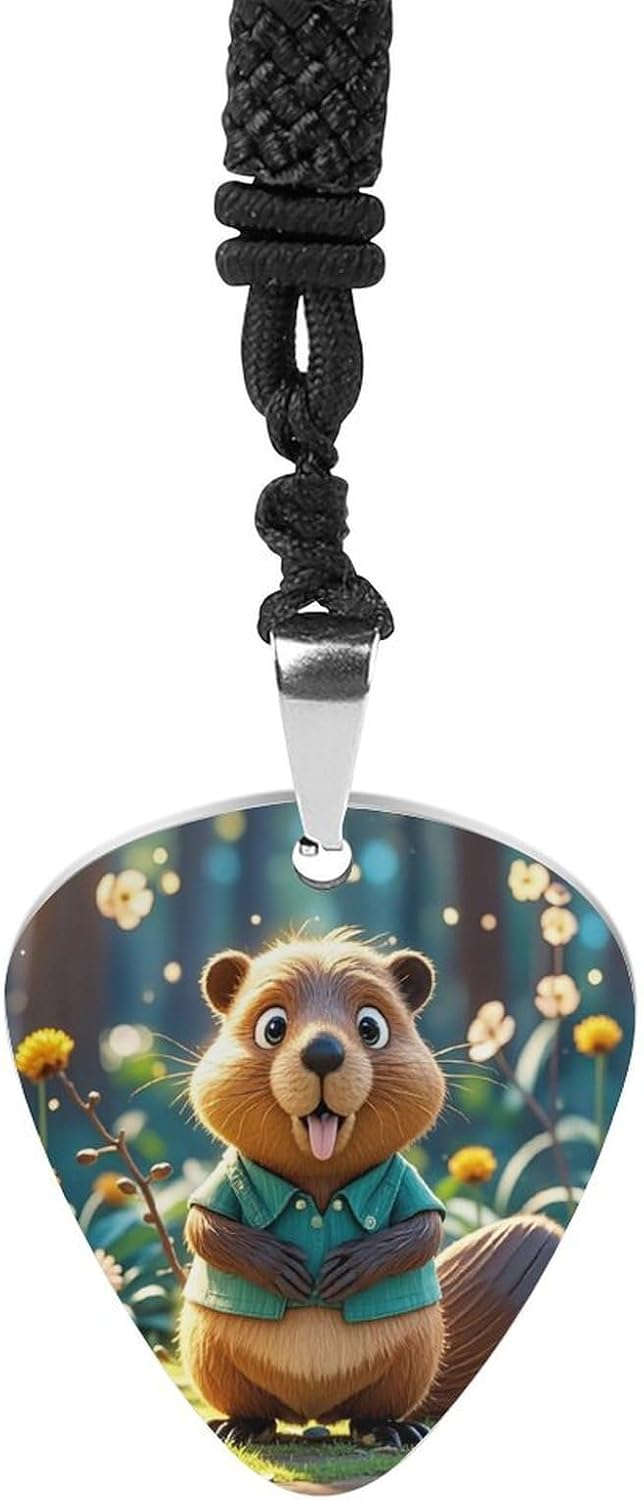 Cartoon Animated Beaver Guitar Pick Necklace Guitar Pick Holder Hip Hop Punk Music Necklace Guitar Pendant Stainless Steel R&B Music Jewelry for Women Men Music Lovers