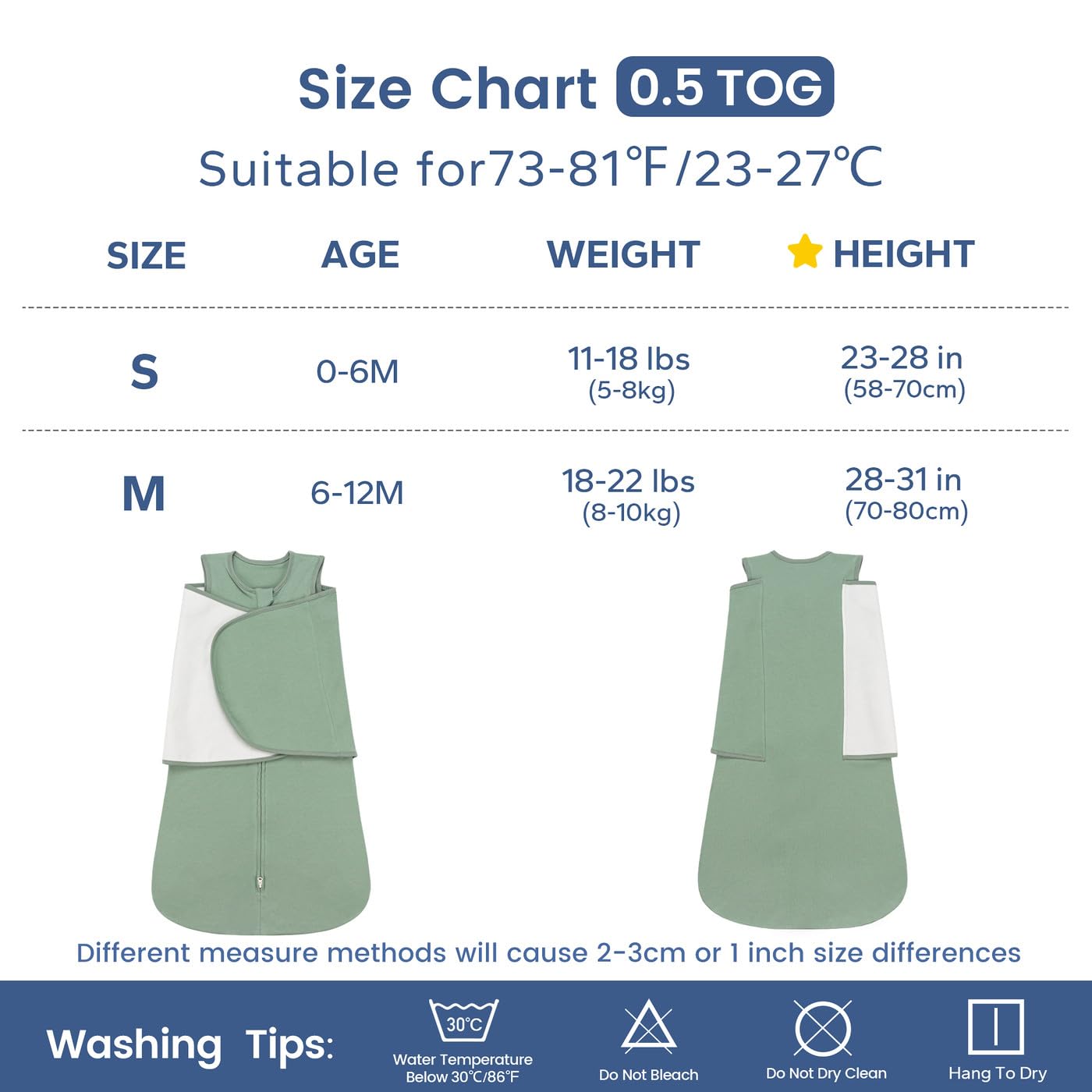 ZIGJOY Sacco nanna per neonati, 0,5 TOG, 0,5 Tog, da 0 a 6 mesi, 100% cotone, regolabile in 3 direzioni, per neonati, ragazzi, ragazze, verde