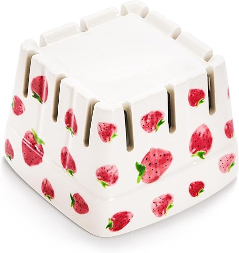 Miniatura 8 de Paquete de 4 cestas de bayas de cerámica, cuencos cuadrados de frutas de 4.6 pulgadas con agujeros, recipientes de bayas rosas y blancas para