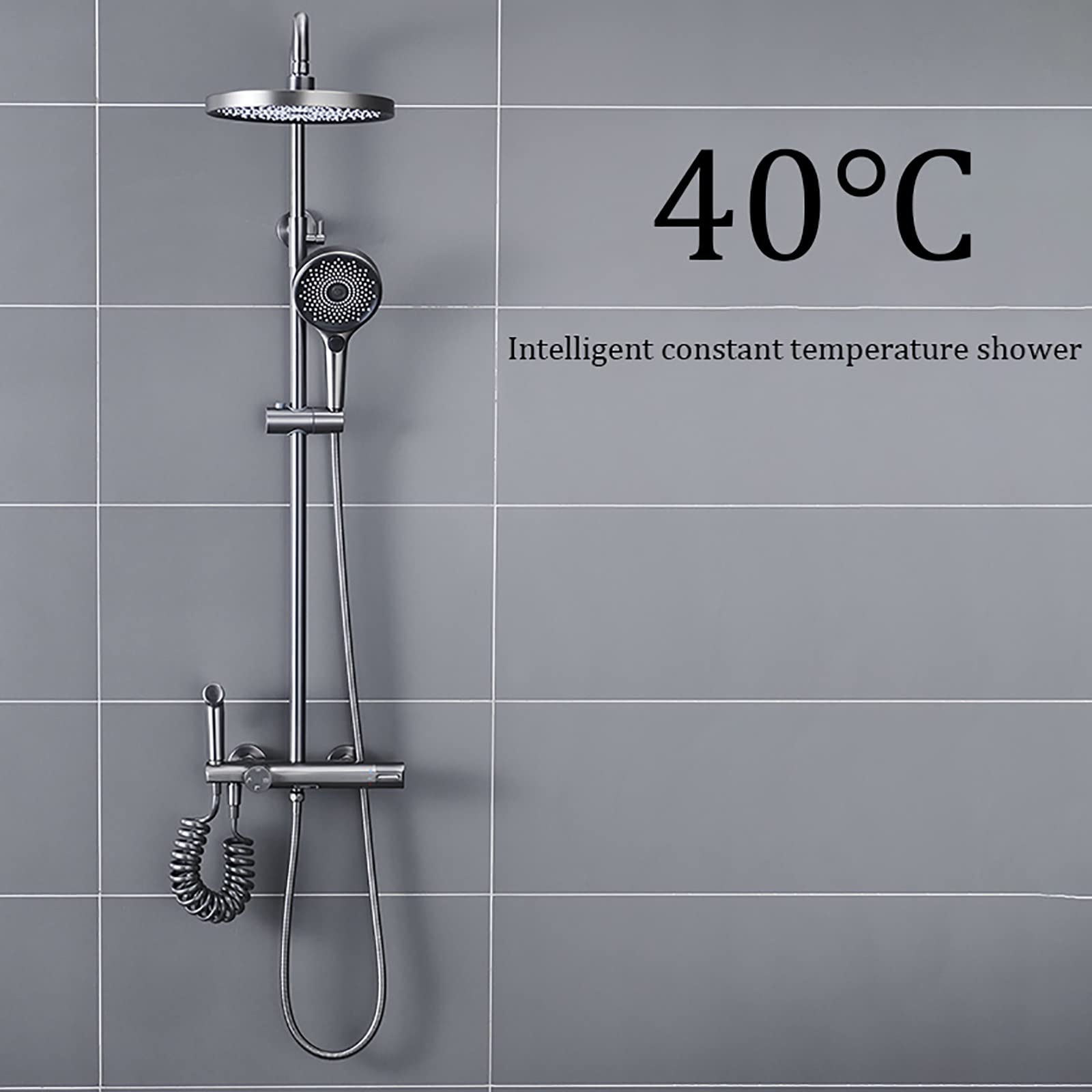 Sistema Doccia a Pioggia con soffione da 10 Pollici, Set Rubinetto termostatico a Parete, Cascata in Ottone, beccuccio per Vasca, doccetta a 3 modalità, Bidet S, Cromato (Grigio)
