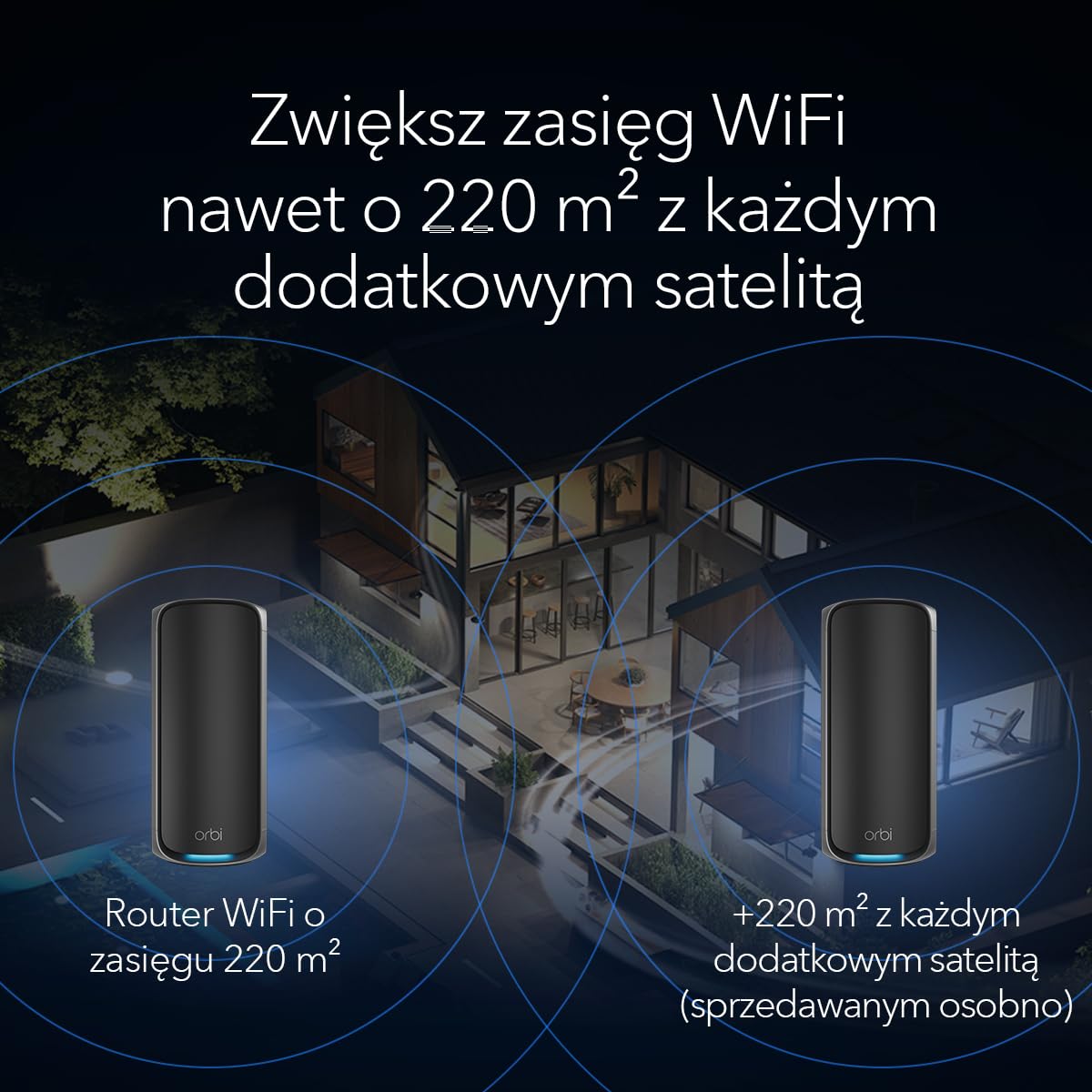 NETGEAR Orbi serii 970 Czteropasmowy system mesh (RBE970B) w wersji czarnej z dodatkowym satelitą — działa z istniejącym systemem mesh lub routerem 970 — zwiększa zasięg do 220 m² — BE27000 802.11be