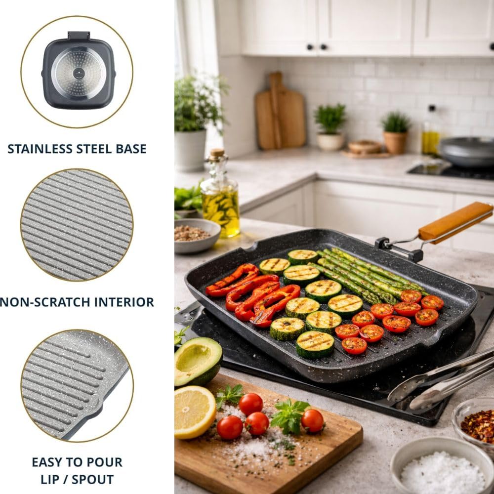Bistecchiera 36x26 cm in Alluminio con Rivestimento in Pietra Antiaderente – Grill Pan Ultraresistente per Cottura Sana Senza Olio – Manico Ergonomico Pieghevole