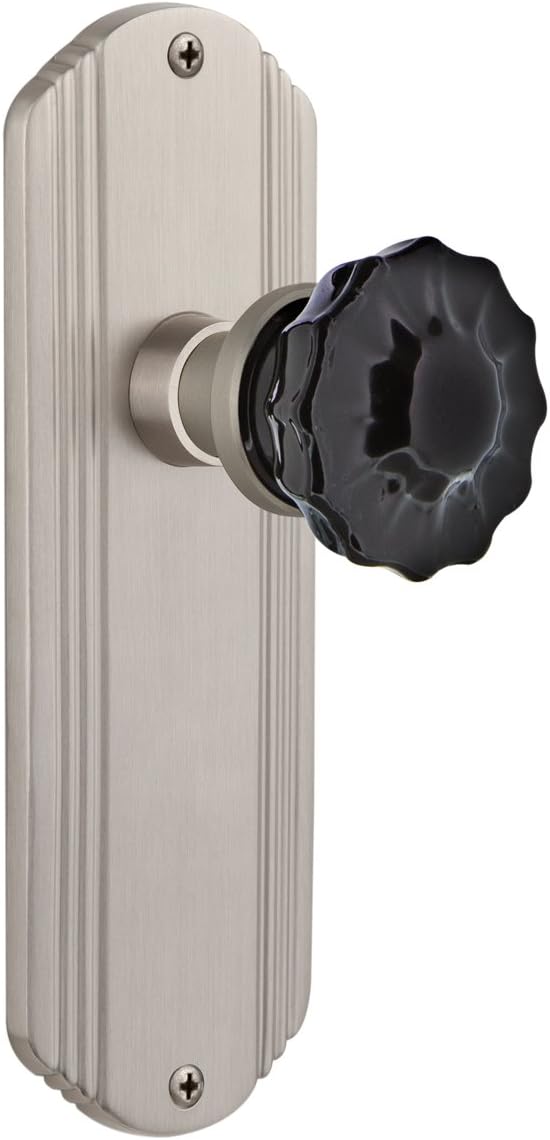 Nostalgic Warehouse 726912 Deco Plate Single Dummy Crystal Black Glass Door Knob in Antique Brass