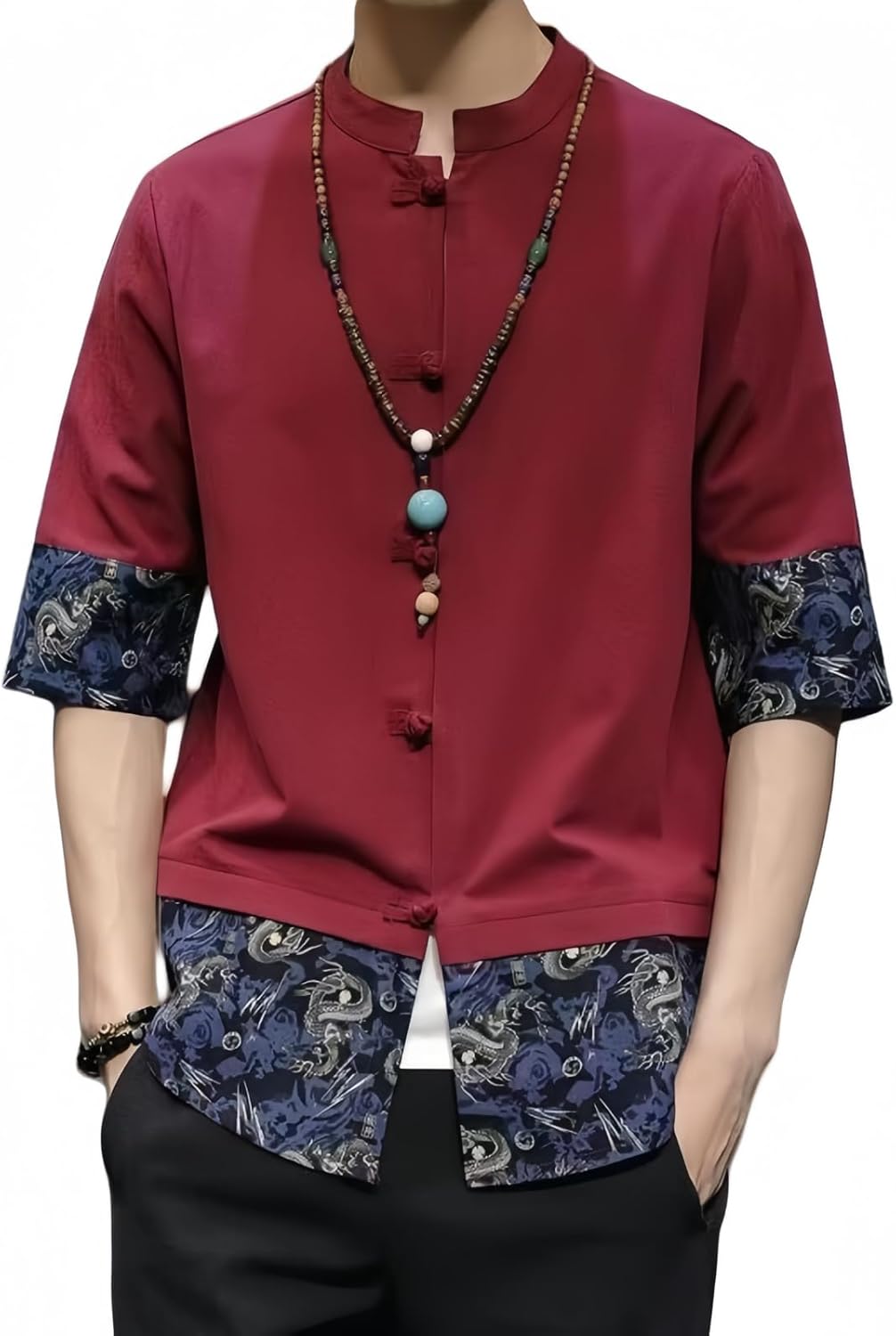 Men's Kung Fu Shirt,Traditional Chinese Hanfu Tang Suit Coat with Silk Printing,Half Sleeve Top for Casual Summer Outfits A-Burgundy