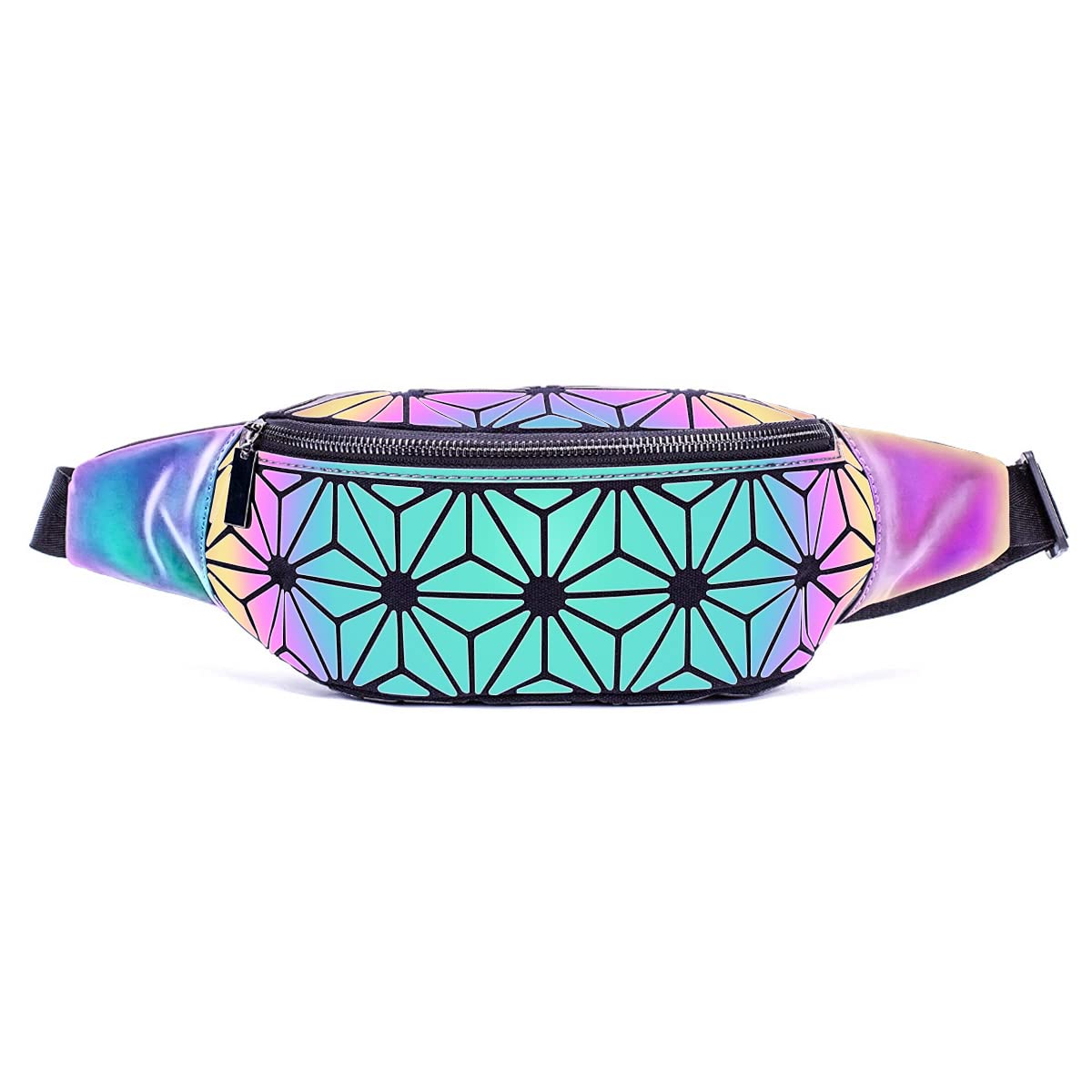 Fanny Packs for Women Men, Luminous Holographic Chest Bag Geometric Waist Pack for Travel, Festival, Running, Sports