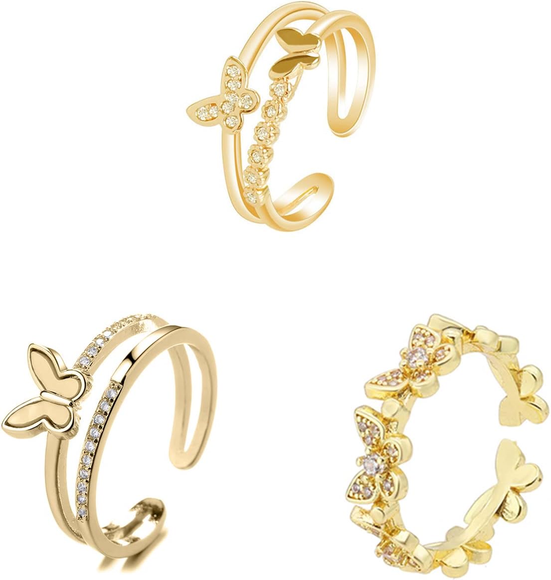 MIFYNN 3-Piece Cute Butterfly Ring Set For Women - Adjustable Dainty Crystal Butterfly Knuckle Rings, Copper Alloy