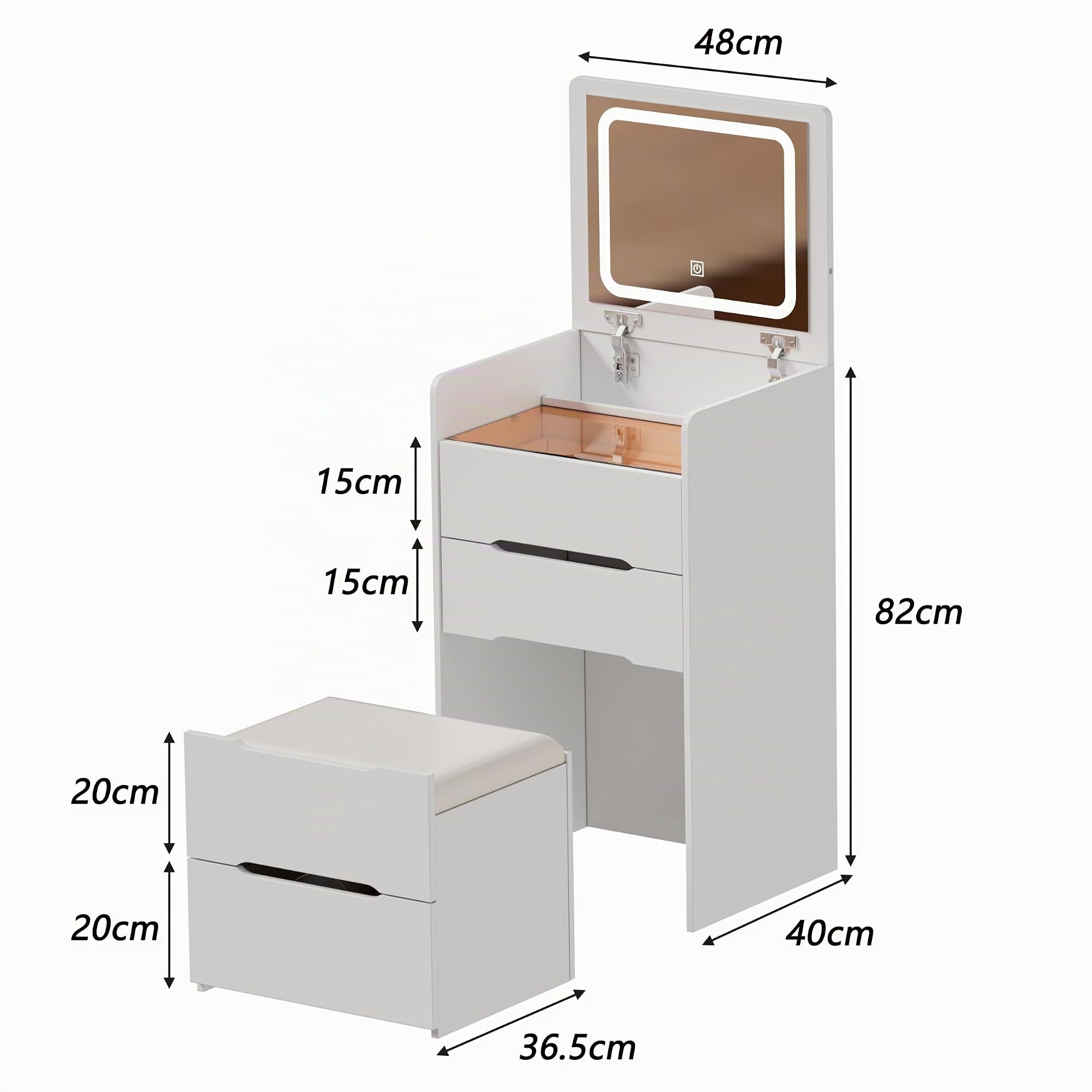 3 in 1 Schminktisch mit LED-Beleuchtung, Frisiertisch mit aufklappbarem Spiegel, sichtbarer Glasplatte, 3 Schubladen Frisierkommode mit Hocker Kleines Kosmetiktisch-Set Patentiertes Produkt EU Plug