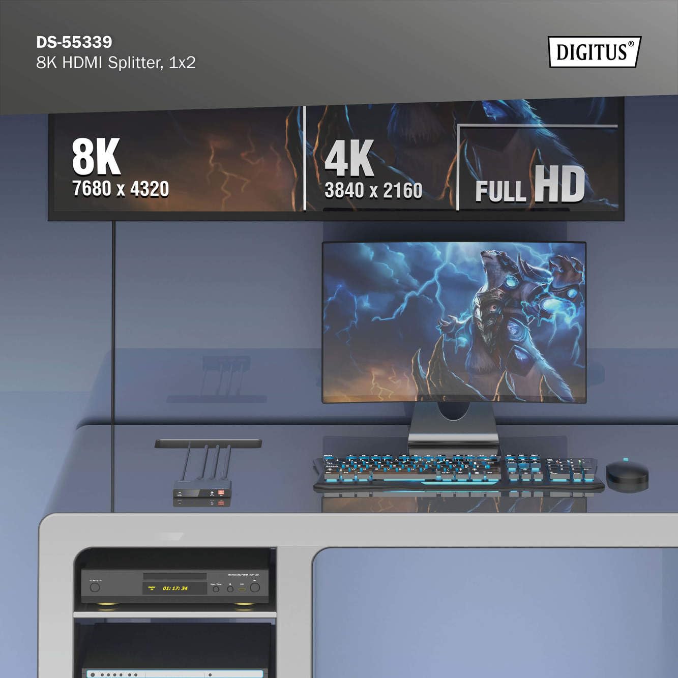 DIGITUS HDMI Splitter 1x2 – Eingang 1-Port Ausgang 2-Port – UHD 8K 60Hz