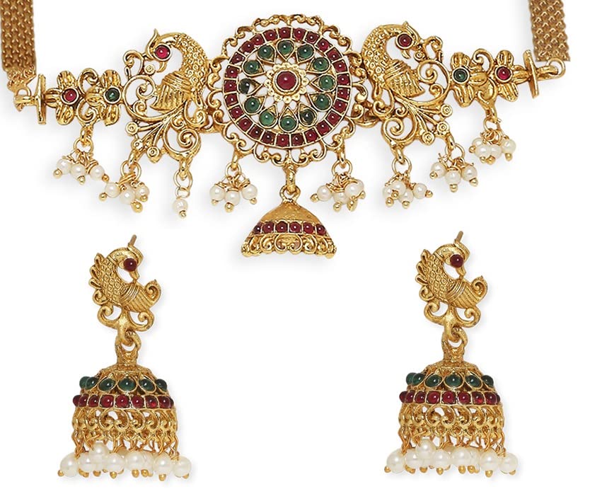 OOMPH Jewellery Antique Gold Tone Red & Green Stone Ethnic Temple Jewellery Peacock Design Choker Necklace Set with Drop Earrings For Women & Girls Stylish Latest (NERU16_AMR1) (B0BVG1P5LH) Amazon Price History, Amazon Price Tracker