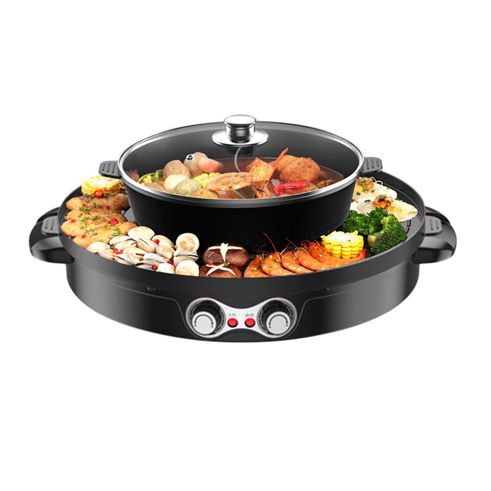 Hot Pot BBQ Poêle à griller électrique 2 en 1 2200 W Hotpot multifonction Poêle à frire double séparation ronde Four de table Grill sans fumée Noir