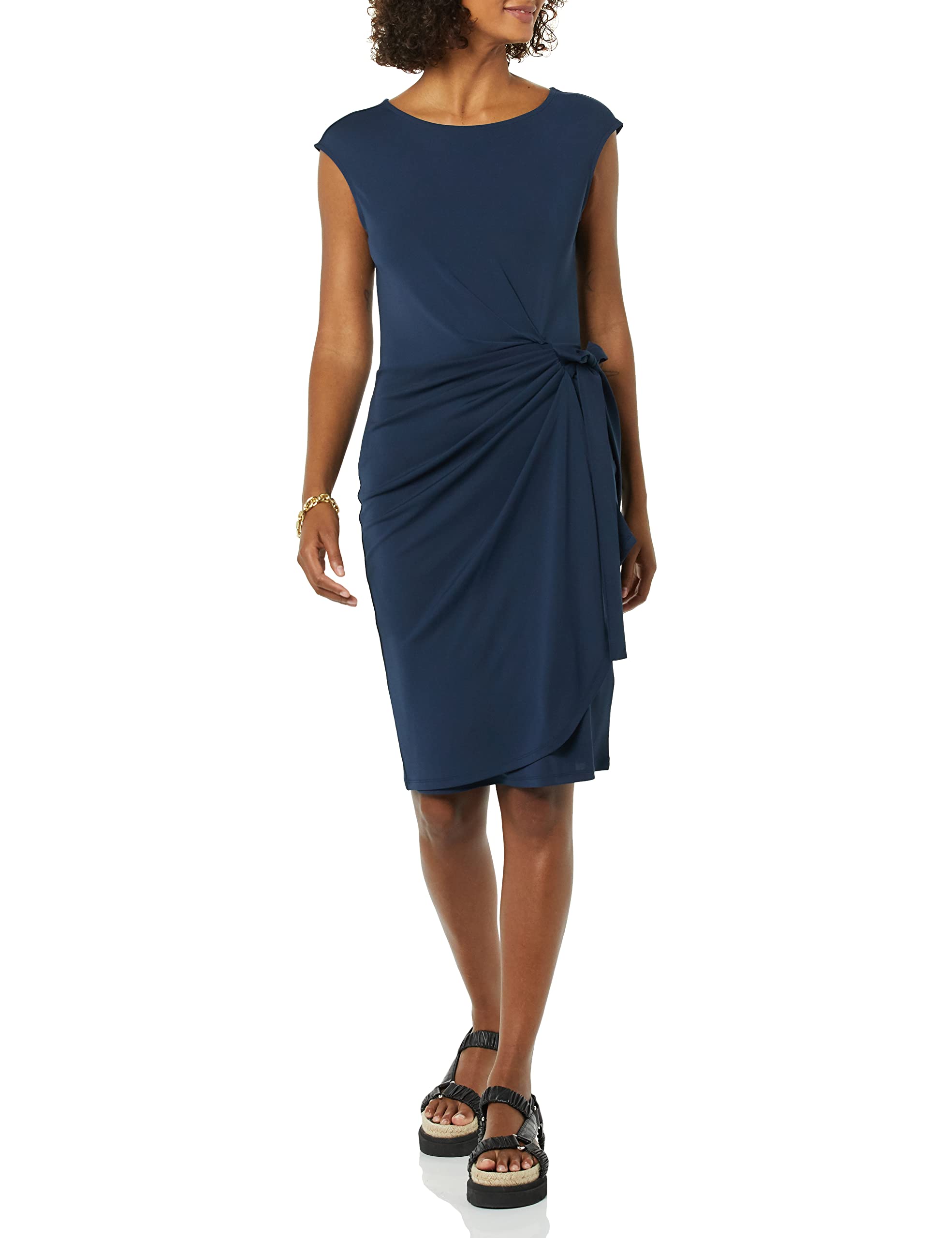 Amazon Essentials Women's Cap Sleeve Bateau Neck Wrap Dress Dress, -Navy, X-Large