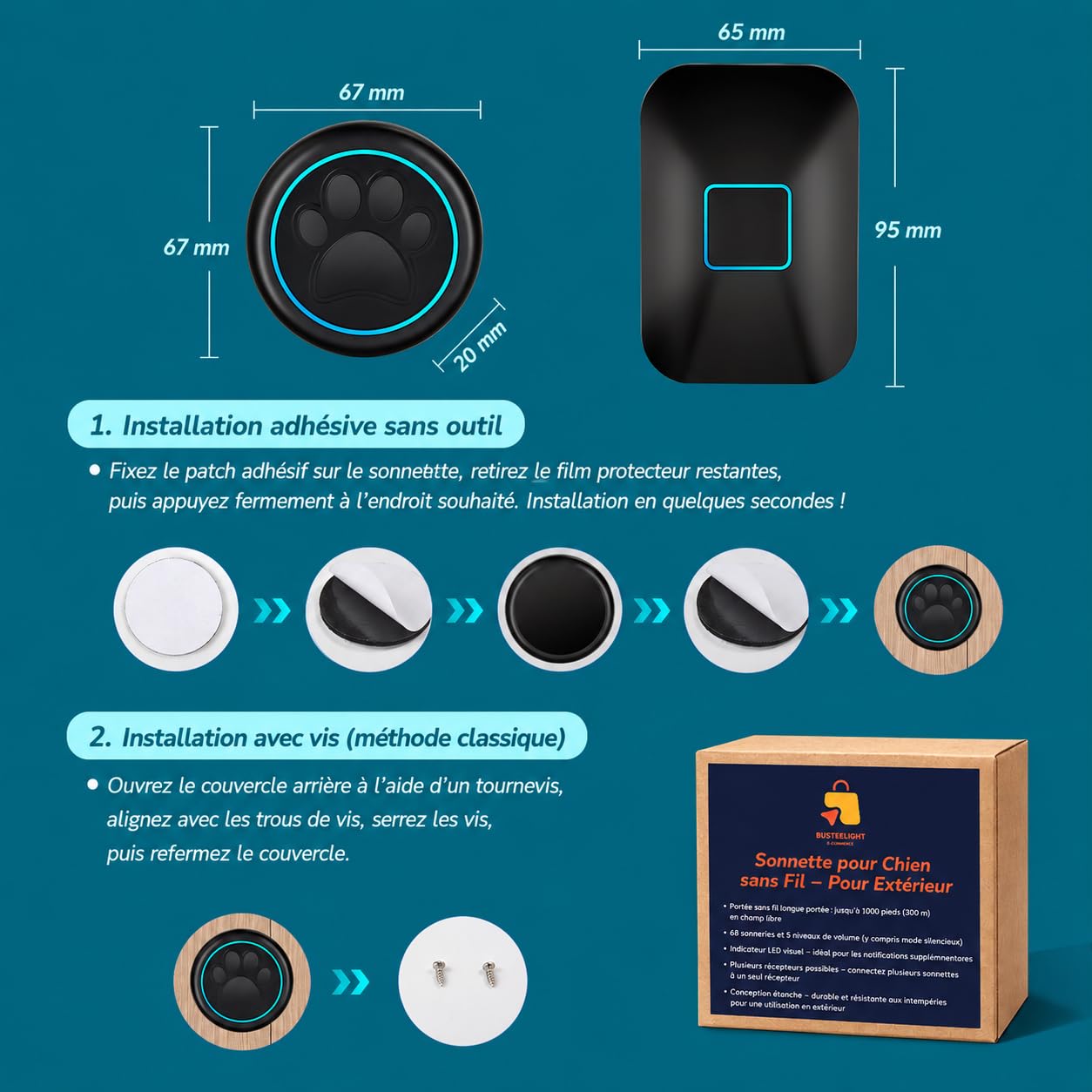 A88 Blk Sonnette Chien Tactile (1 Sonnette et 1 récepteur) | Sonnette sans fil 300 m, LED, 60 mélodies, étanche IP65; bouton sensible pour apprentissage de la propreté