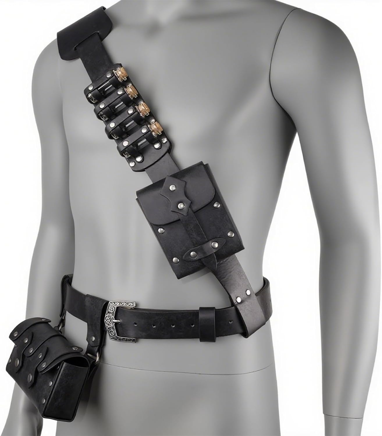 HiiFeuer 7 PCs Medieval Baldric Tactical Belt Accessories Renaissance Faux Leather Belt Bag Alchemy Bottle Holder for Cosplay - Image 3