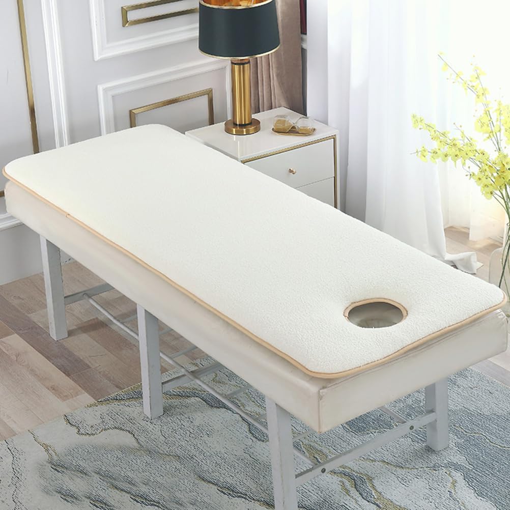 Beige,190 * 70cm(R),LDLCYCN Massage Table Mattress Topper with Face Hole Thicken 4Cm Lamb Wool Lash Bed Cushion Mattress Pad for Tattoo Table Spa Beauty Salon Bed Pad Non-Slip Square Round Head