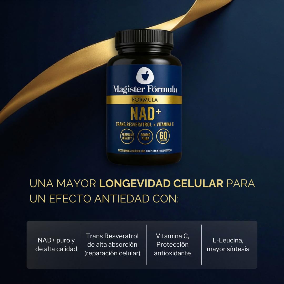 NAD Resveratrol, Vitamina C y L-Leucina | NAD Nicotinamide Riboside 900 mg | Antioxidantes Cápsulas Antienvejecimiento Reparación y Longevidad Celular | Nad+ 60 cápsulas | Magister Fórmula