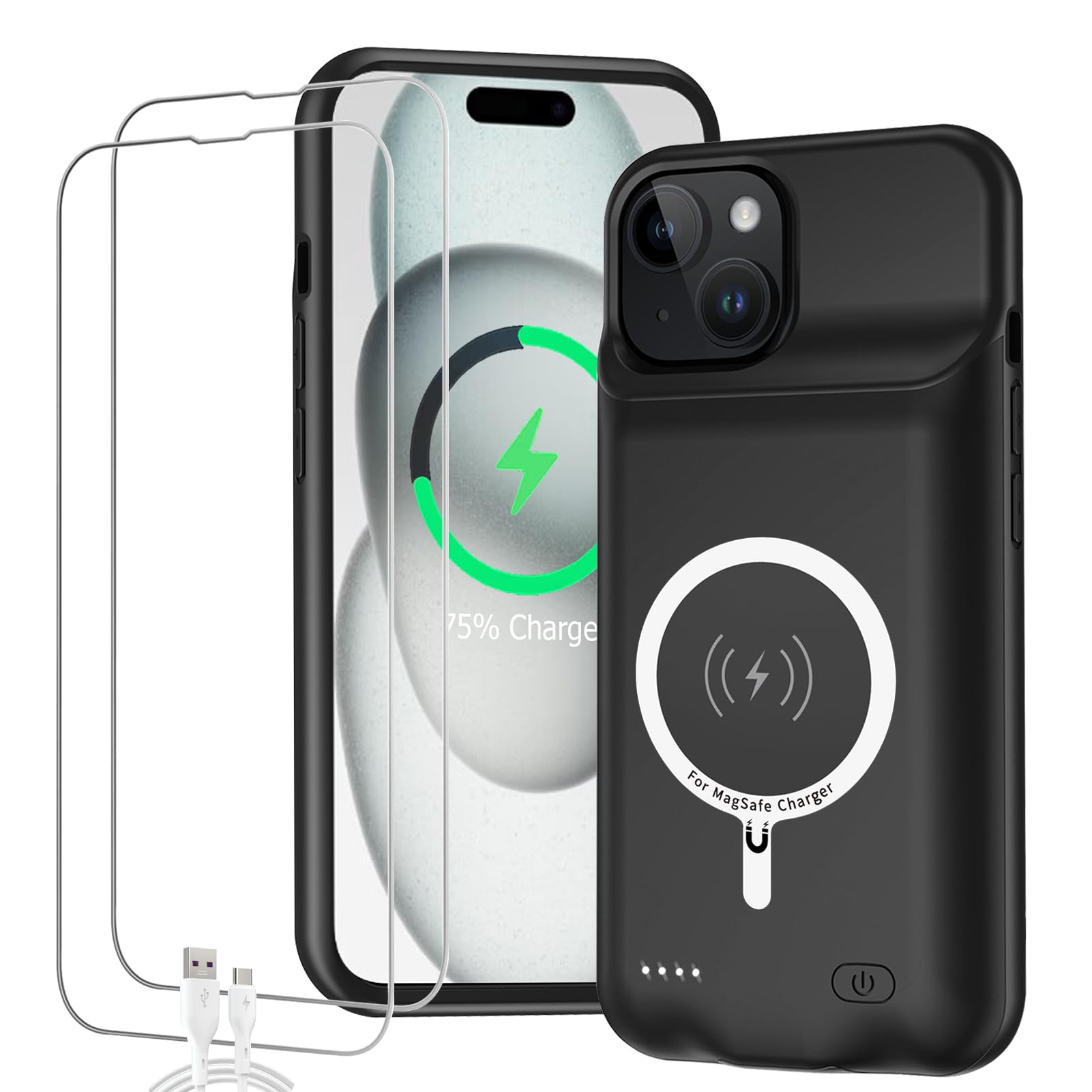 Battery Case for iPhone 15, Full Encircle 10000mAh High Capacity Rechargeable Portable Charger Case Extended Battery Pack Compatible with iPhone 15 (6.1 inch) Wireless Charging Case with Carplay-Black